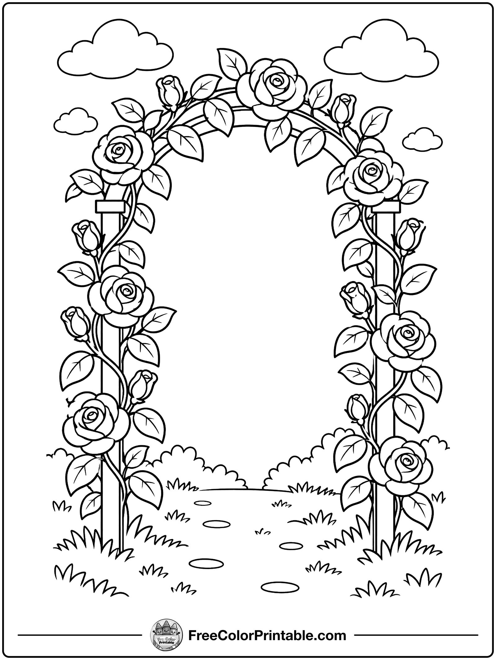 Climbing Roses on an Arch Coloring Page — free color printable