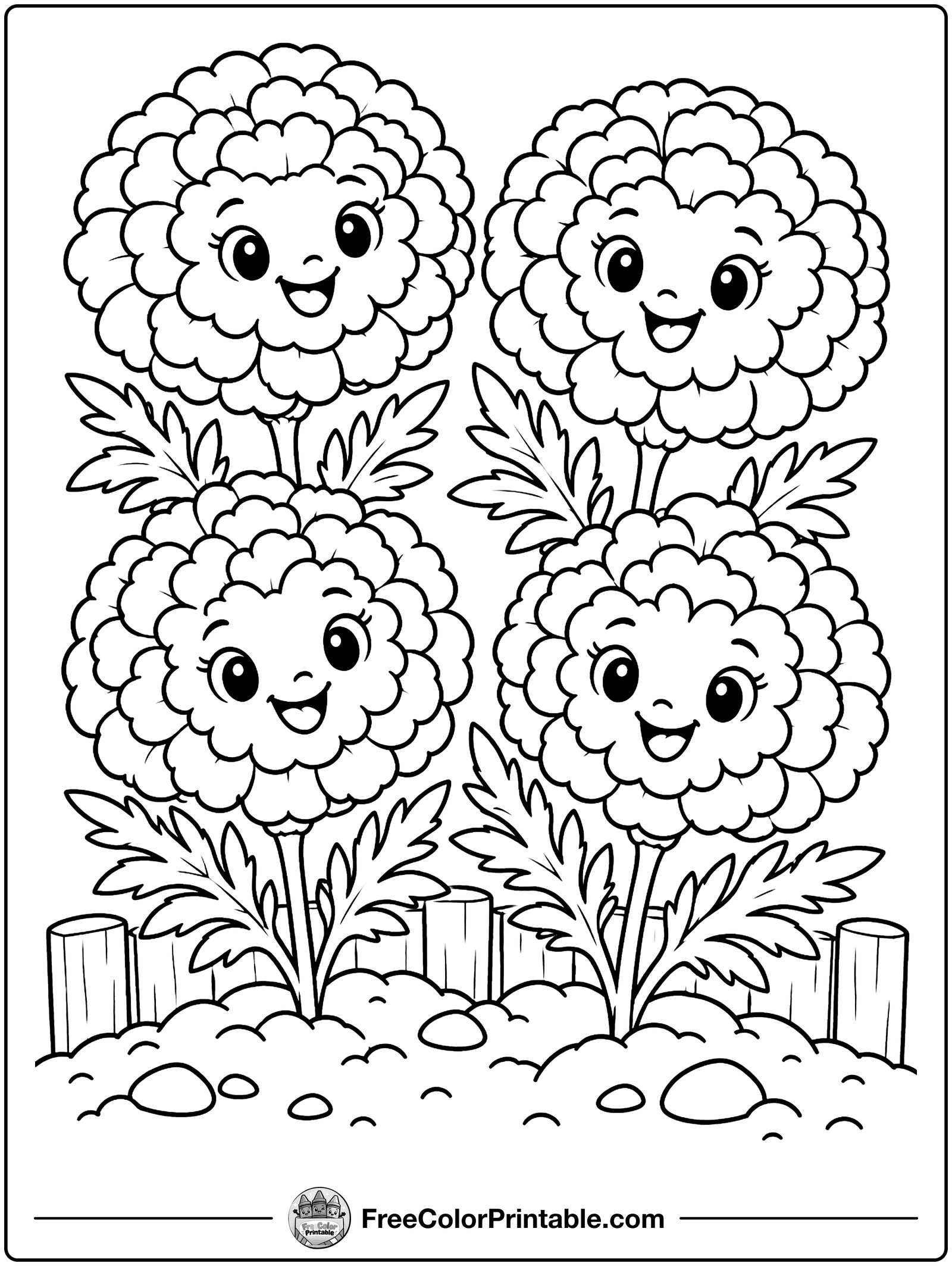 Marigolds in a Garden Bed Coloring Page — free color printable