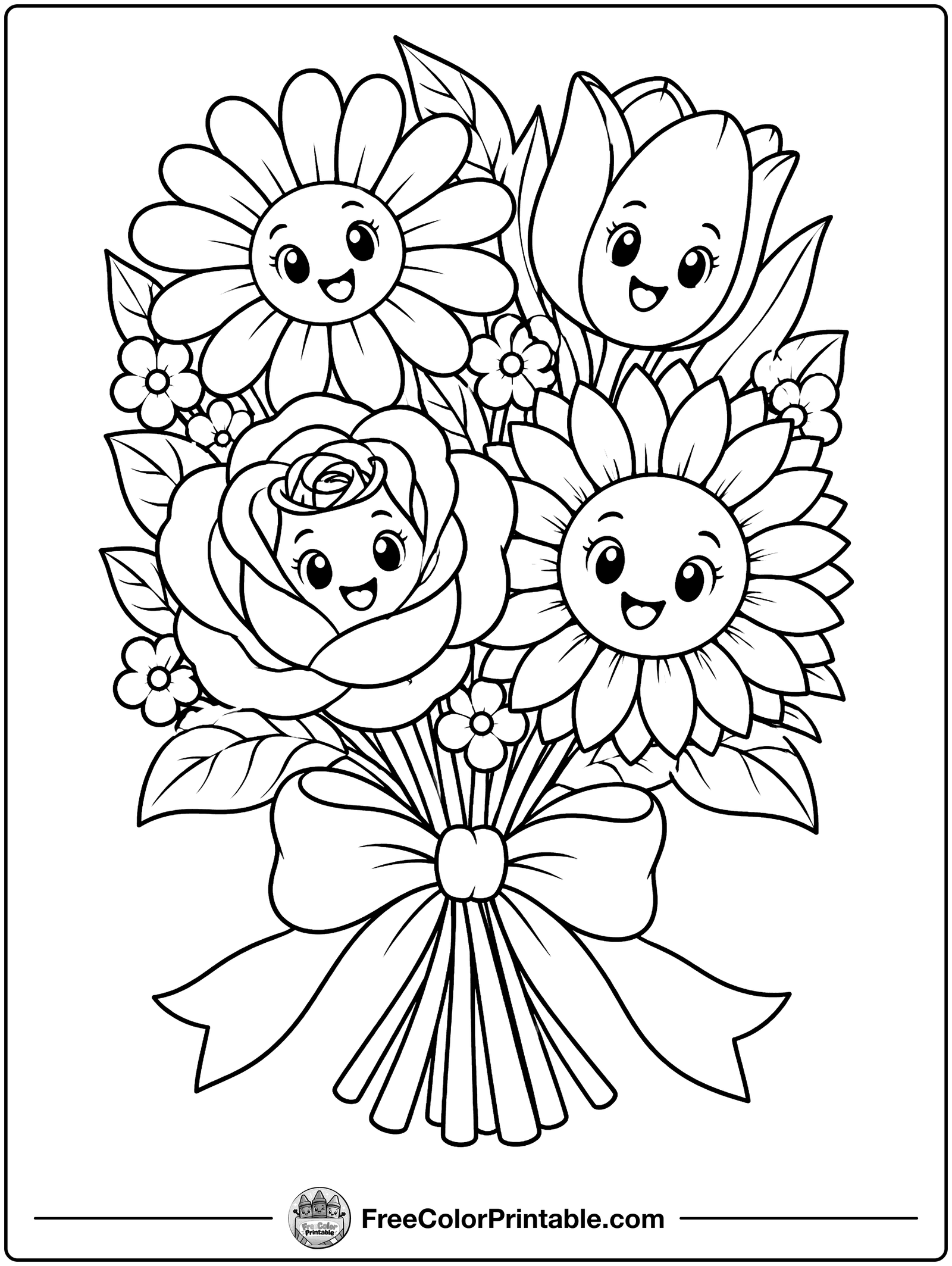 Mixed Flower Bouquet Coloring Page — free color printable