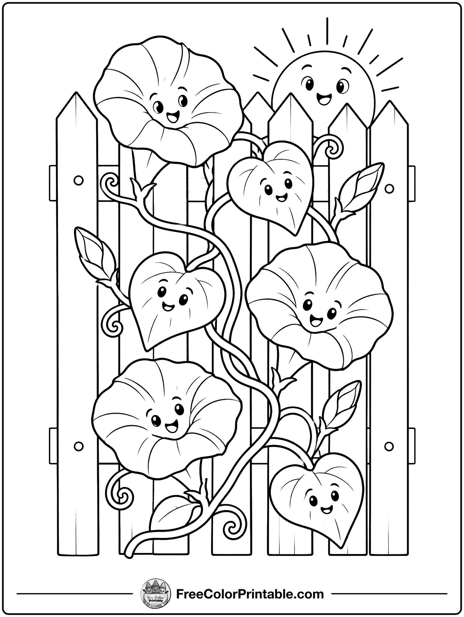 Morning Glory on a Fence Coloring Page — free color printable