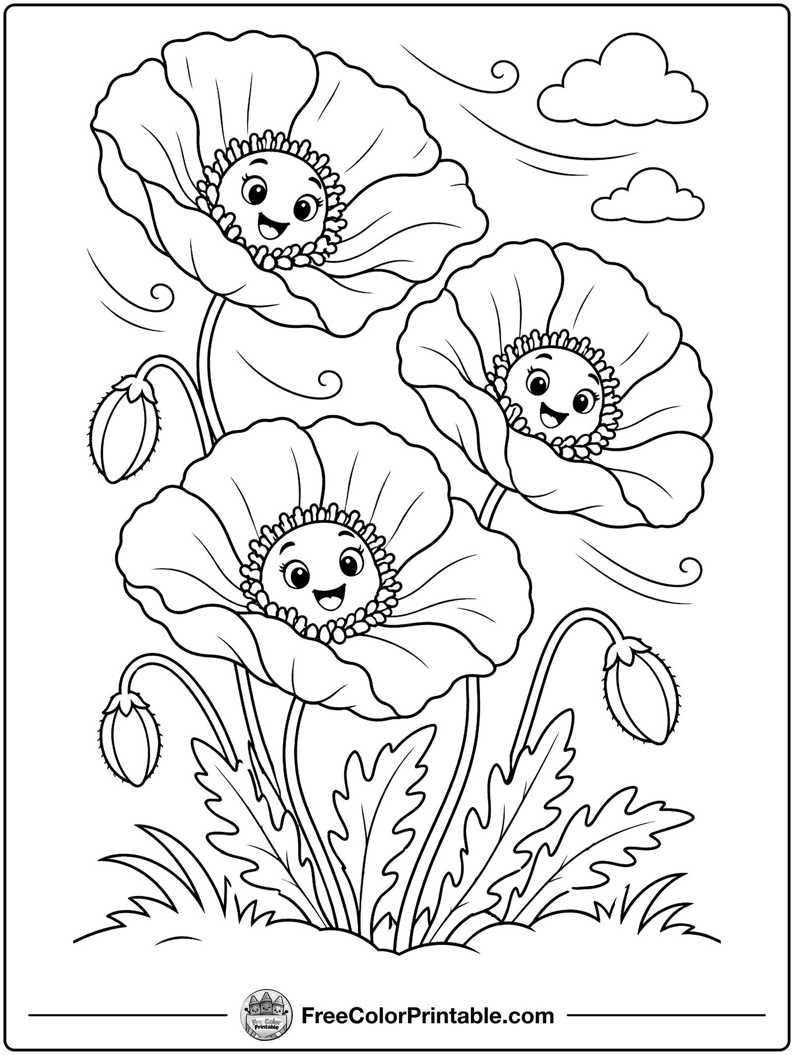Poppies in the Breeze Coloring Page — free color printable