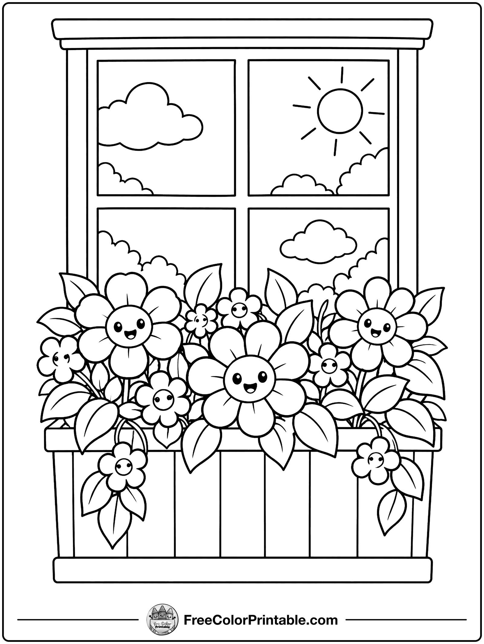 Window Box Full of Flowers Coloring Page — free color printable