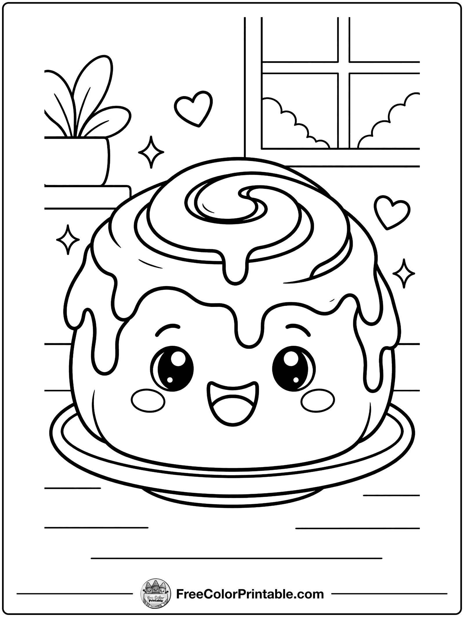 Cinnamon Roll with a Smile Coloring Page — free color printable