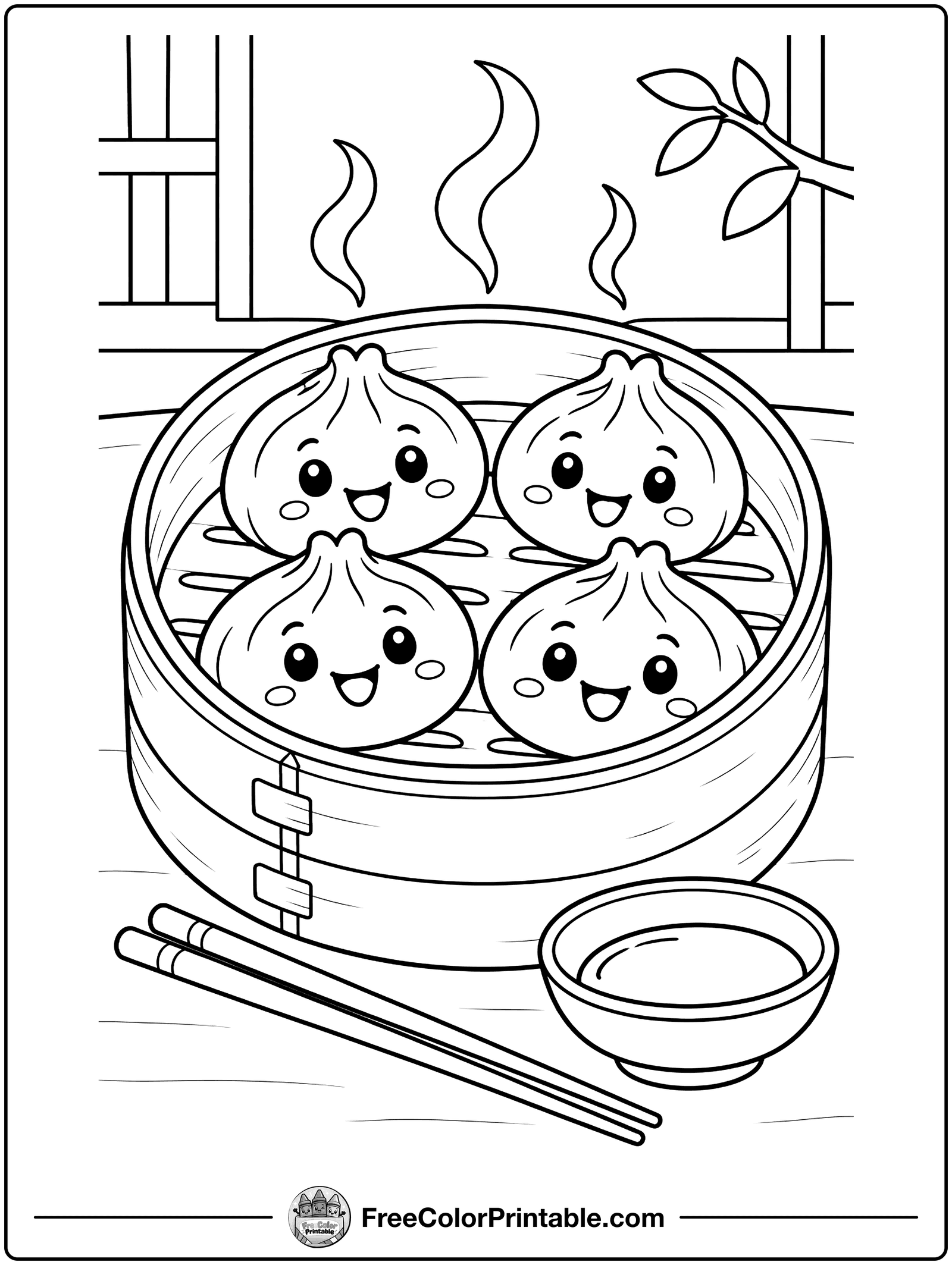Dumplings in a Steamer Coloring Page — free color printable