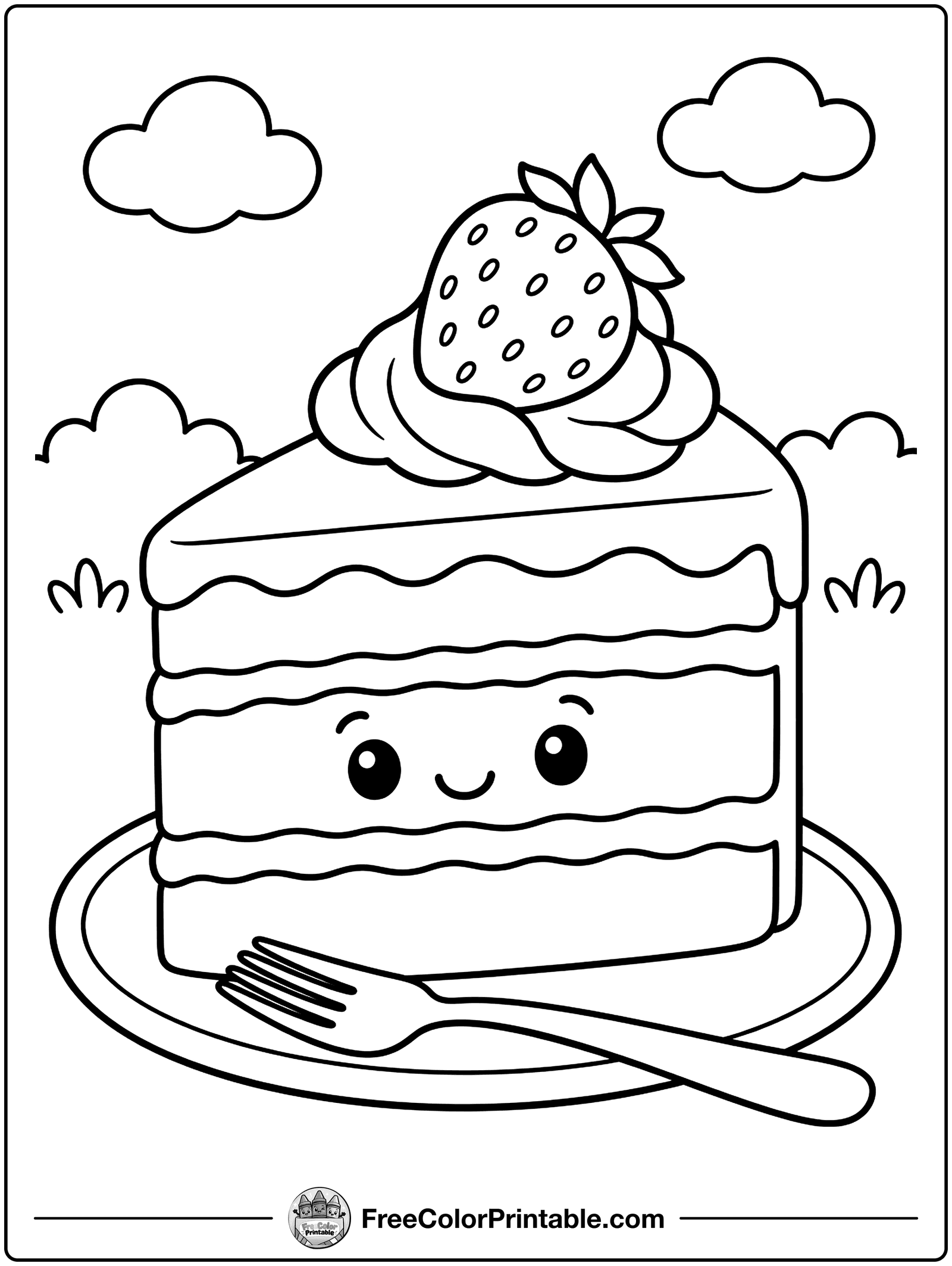Layer Cake Slice with a Strawberry Coloring Page — free color printable
