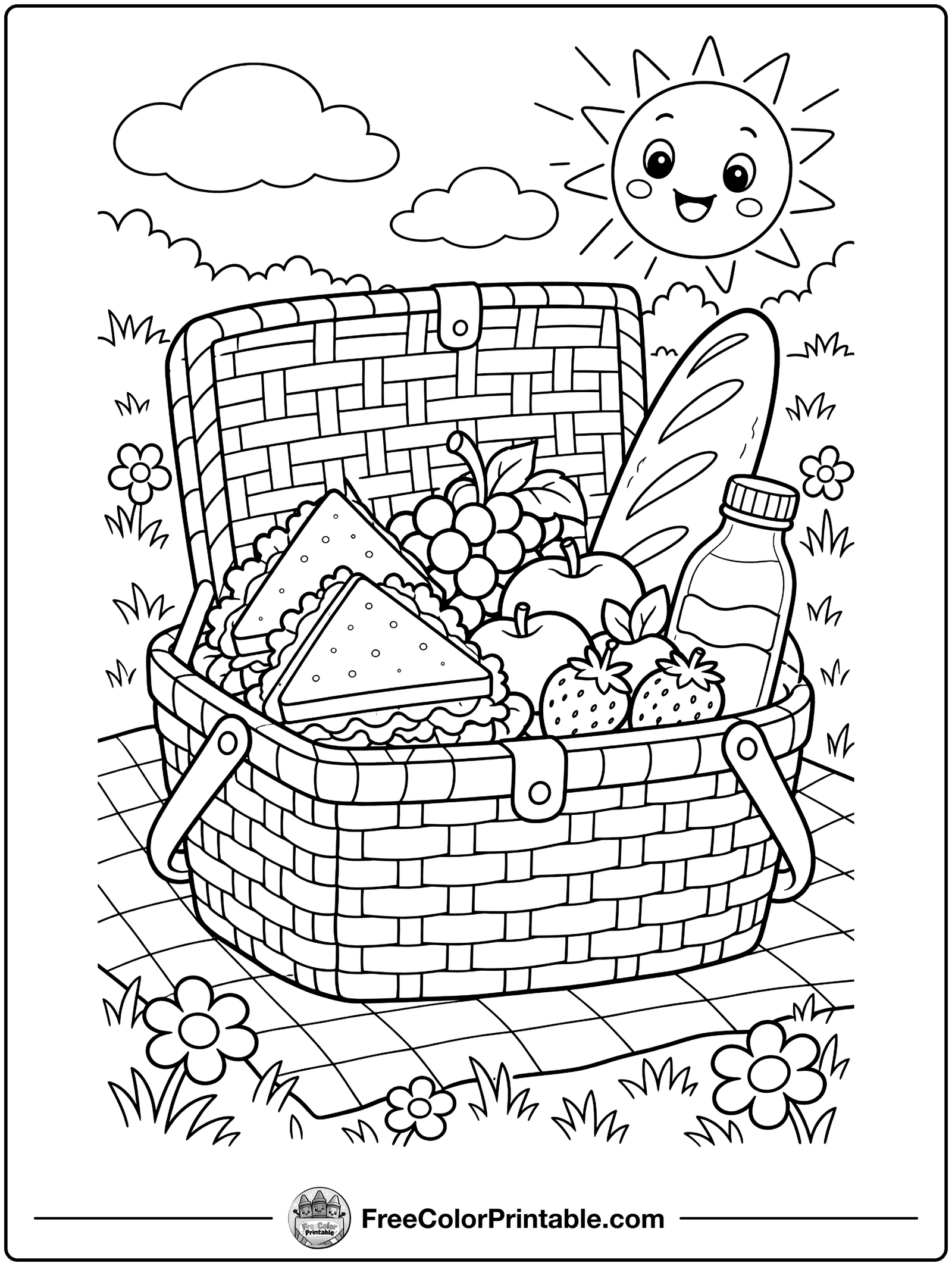 Picnic Basket Full of Food Coloring Page — free color printable