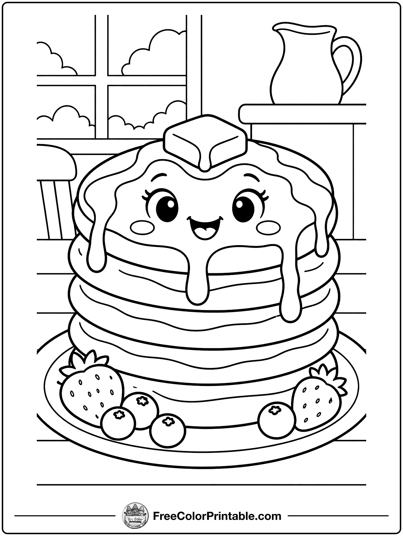 Stack of Pancakes with Syrup Coloring Page — free color printable