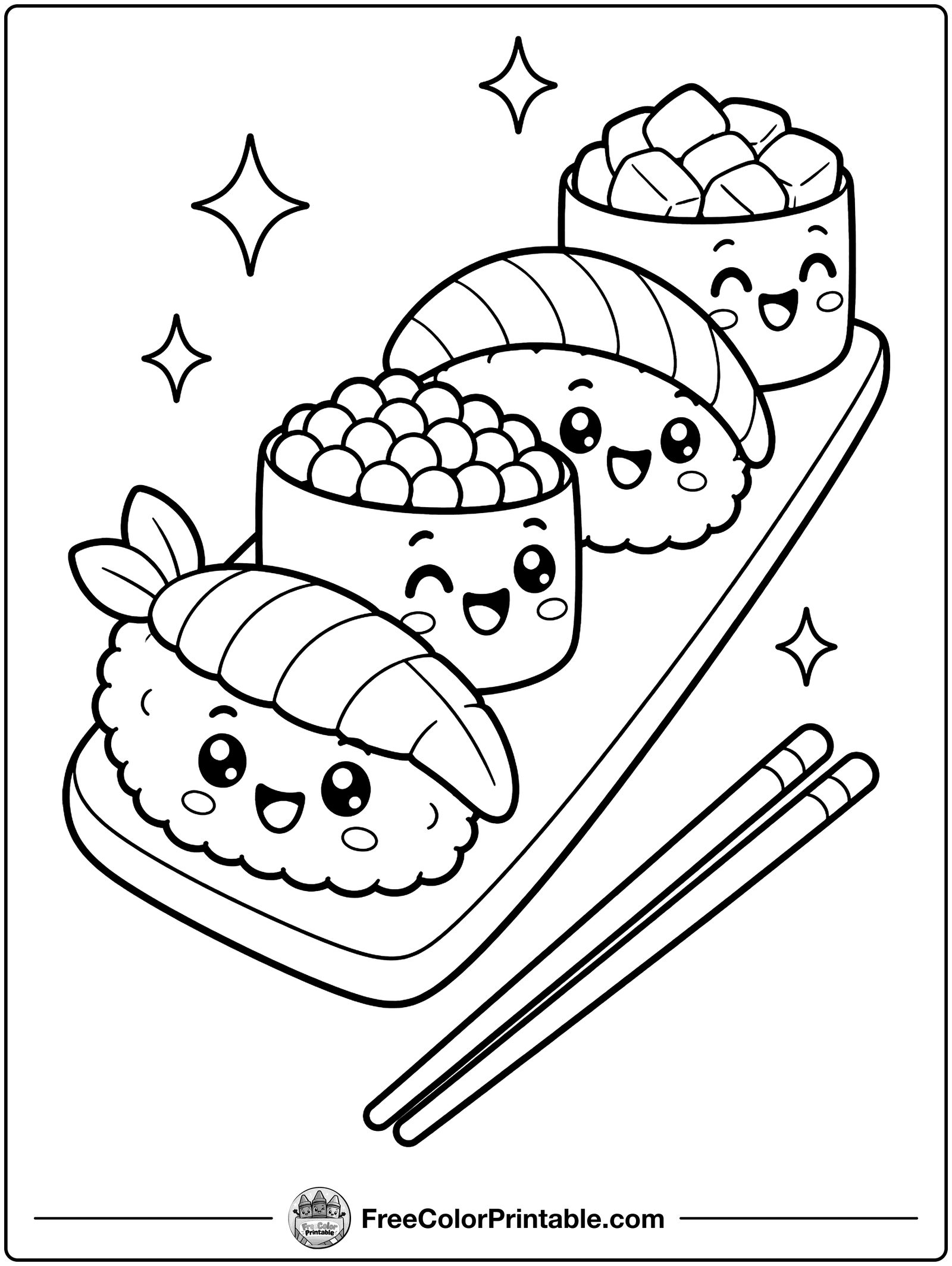 Sushi Friends on a Plate Coloring Page — free color printable