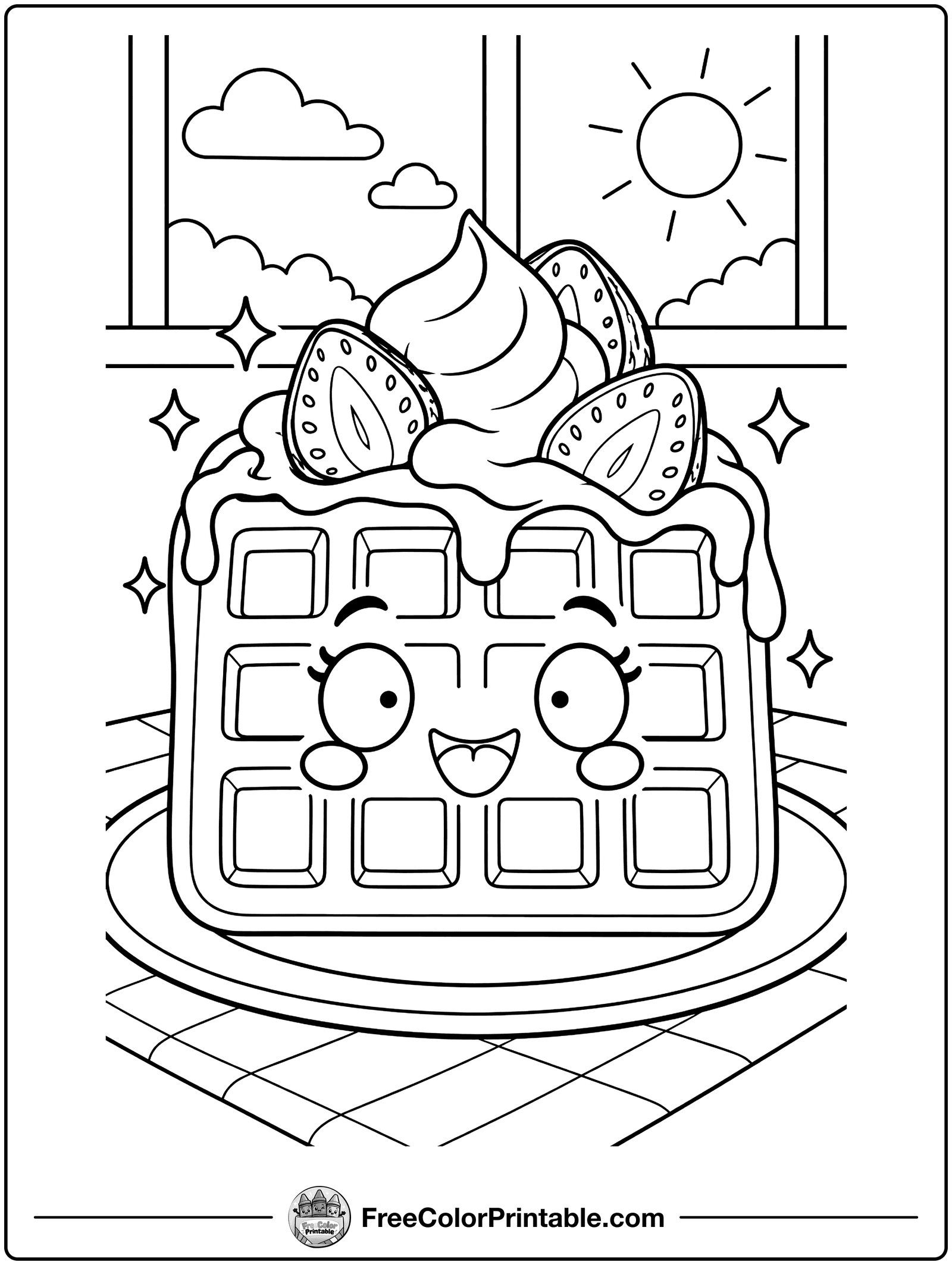 Waffle with Strawberries Coloring Page — free color printable