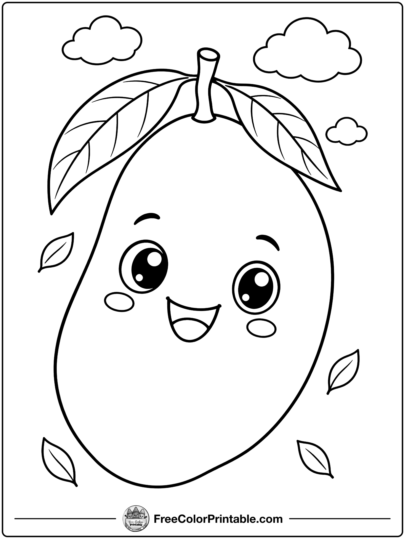 Ripe Mango with Leaves Coloring Page — free color printable