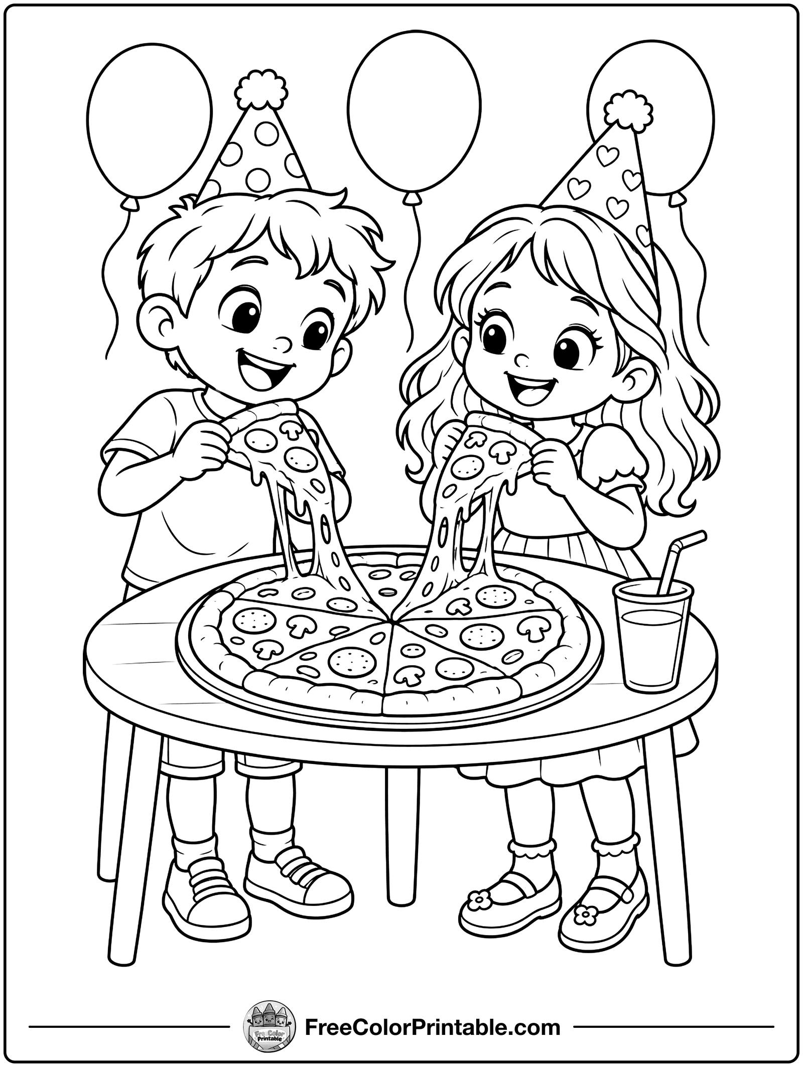 Birthday Pizza Party Coloring Page — free color printable