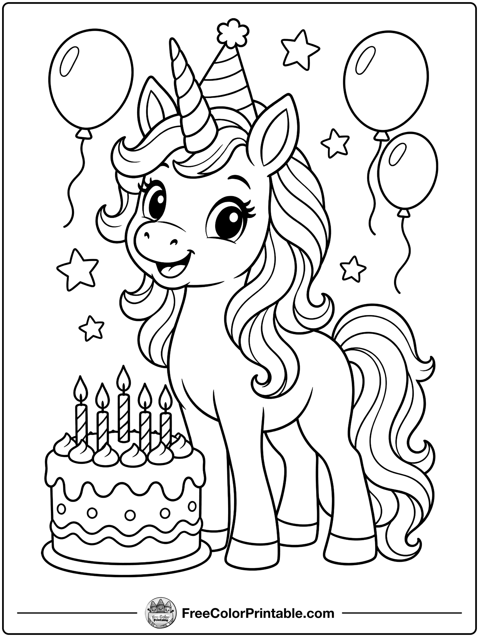 Birthday Unicorn in a Party Hat Coloring Page — free color printable