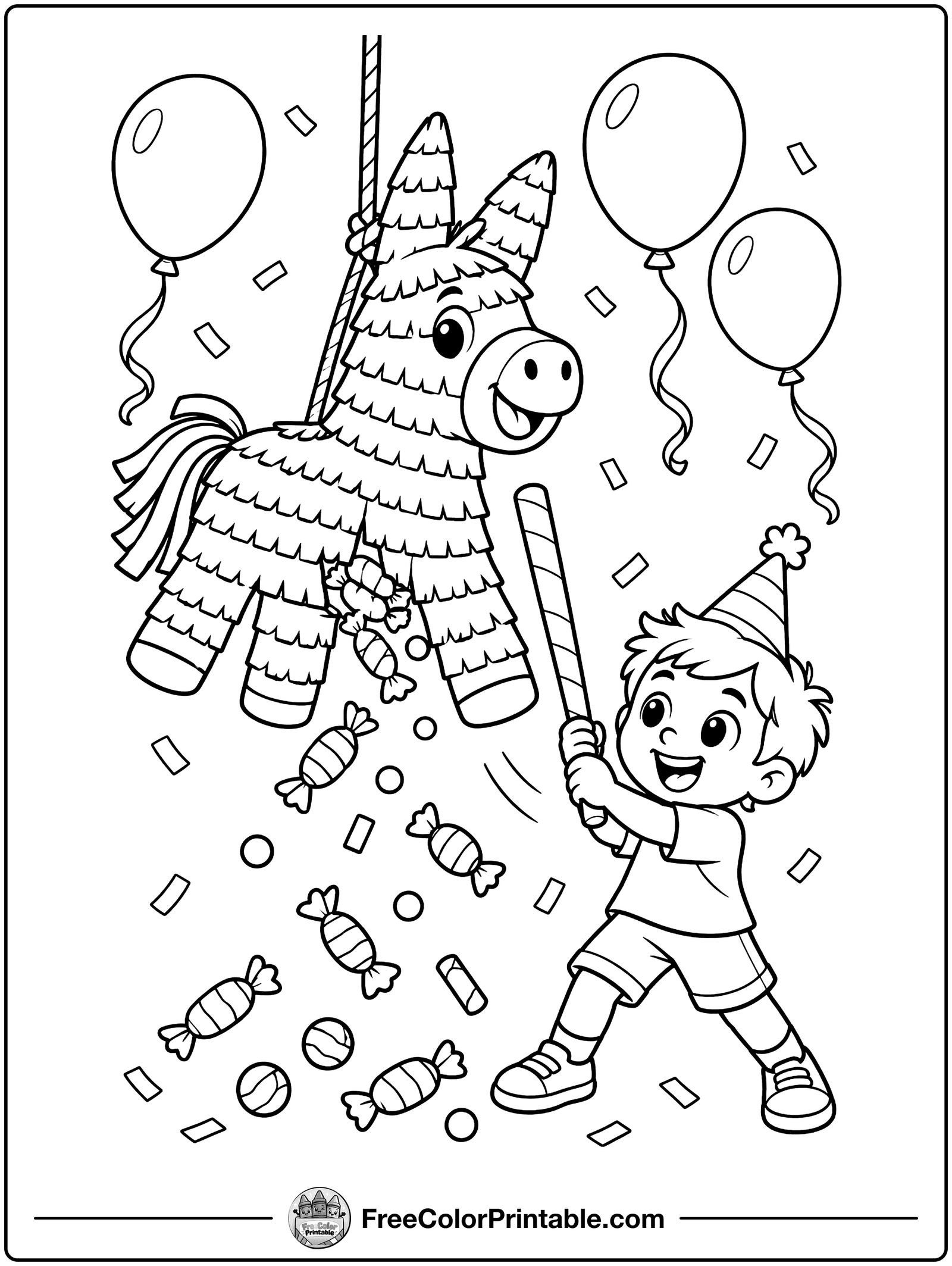 Donkey Piñata Party Coloring Page — free color printable