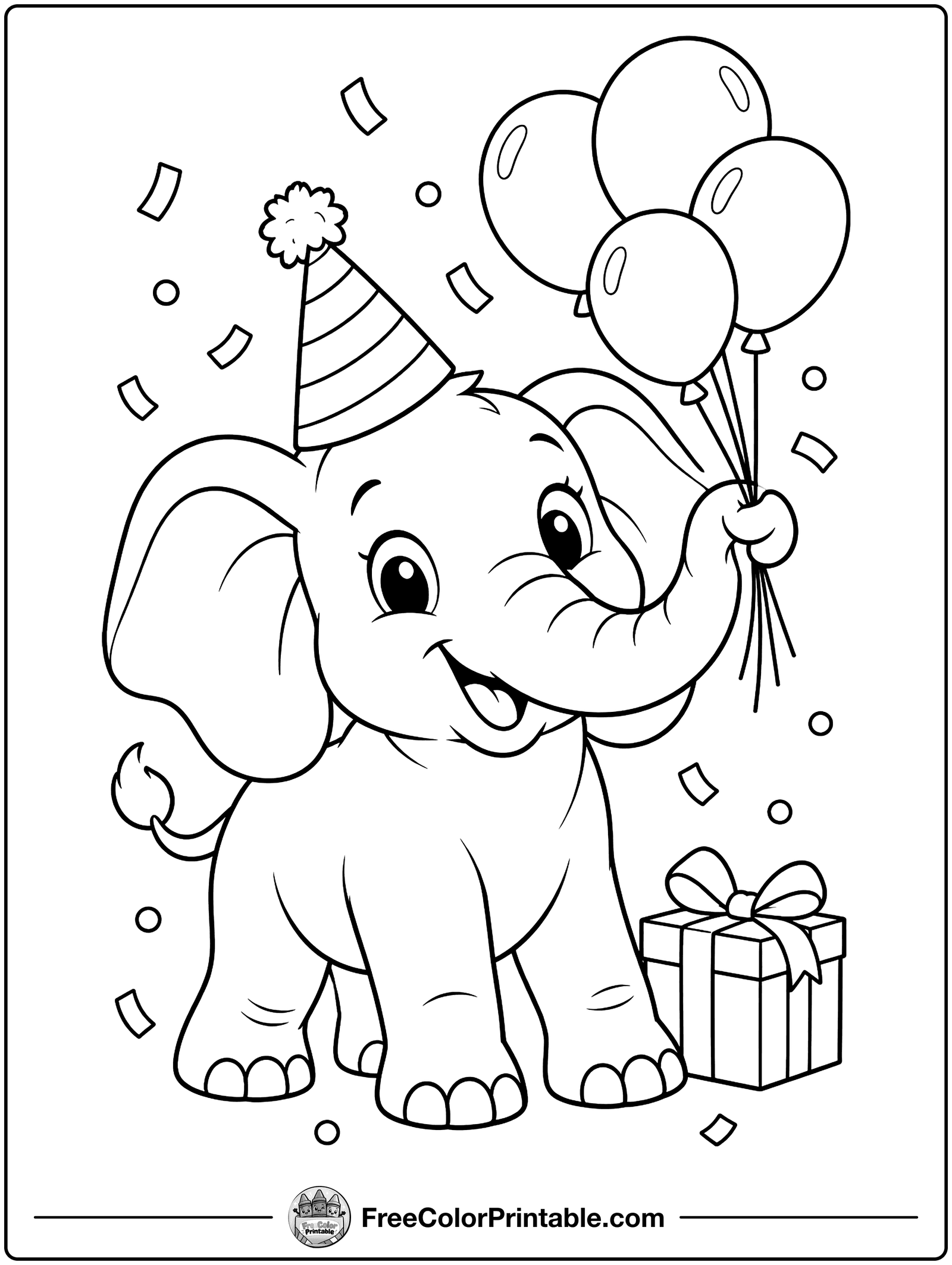 Elephant with Birthday Balloons Coloring Page — free color printable