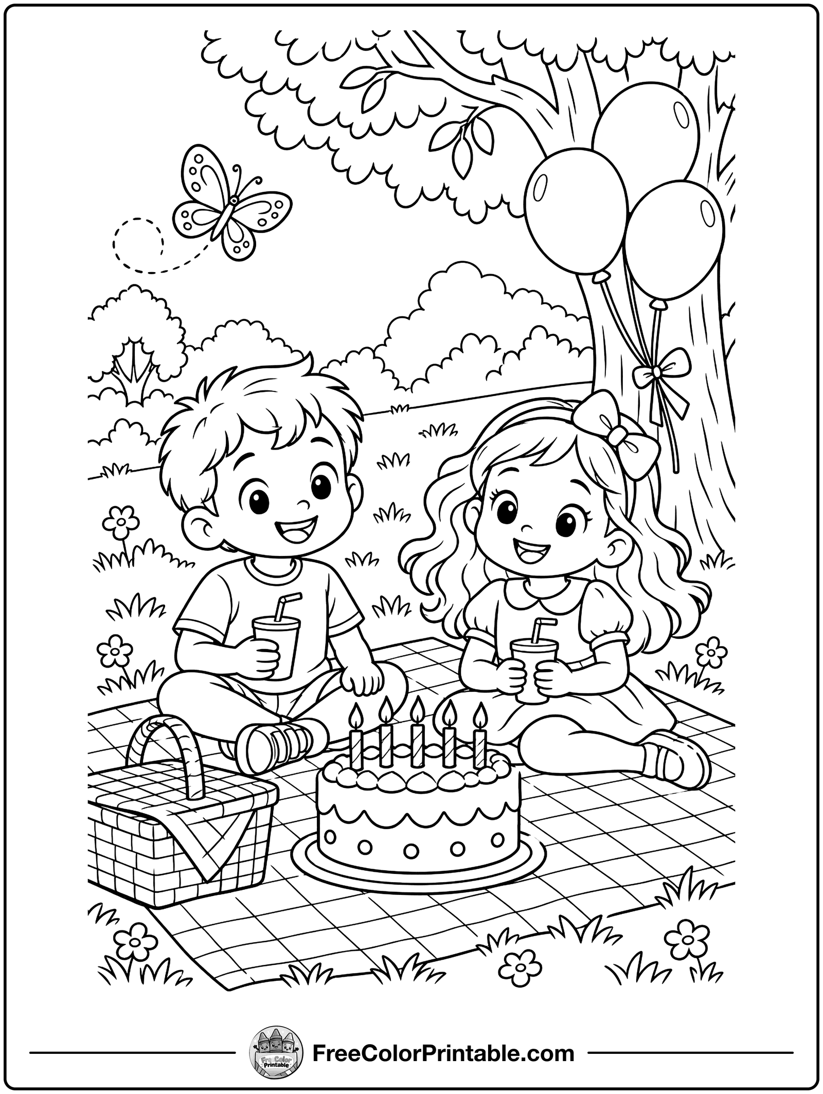 Garden Birthday Picnic Coloring Page — free color printable
