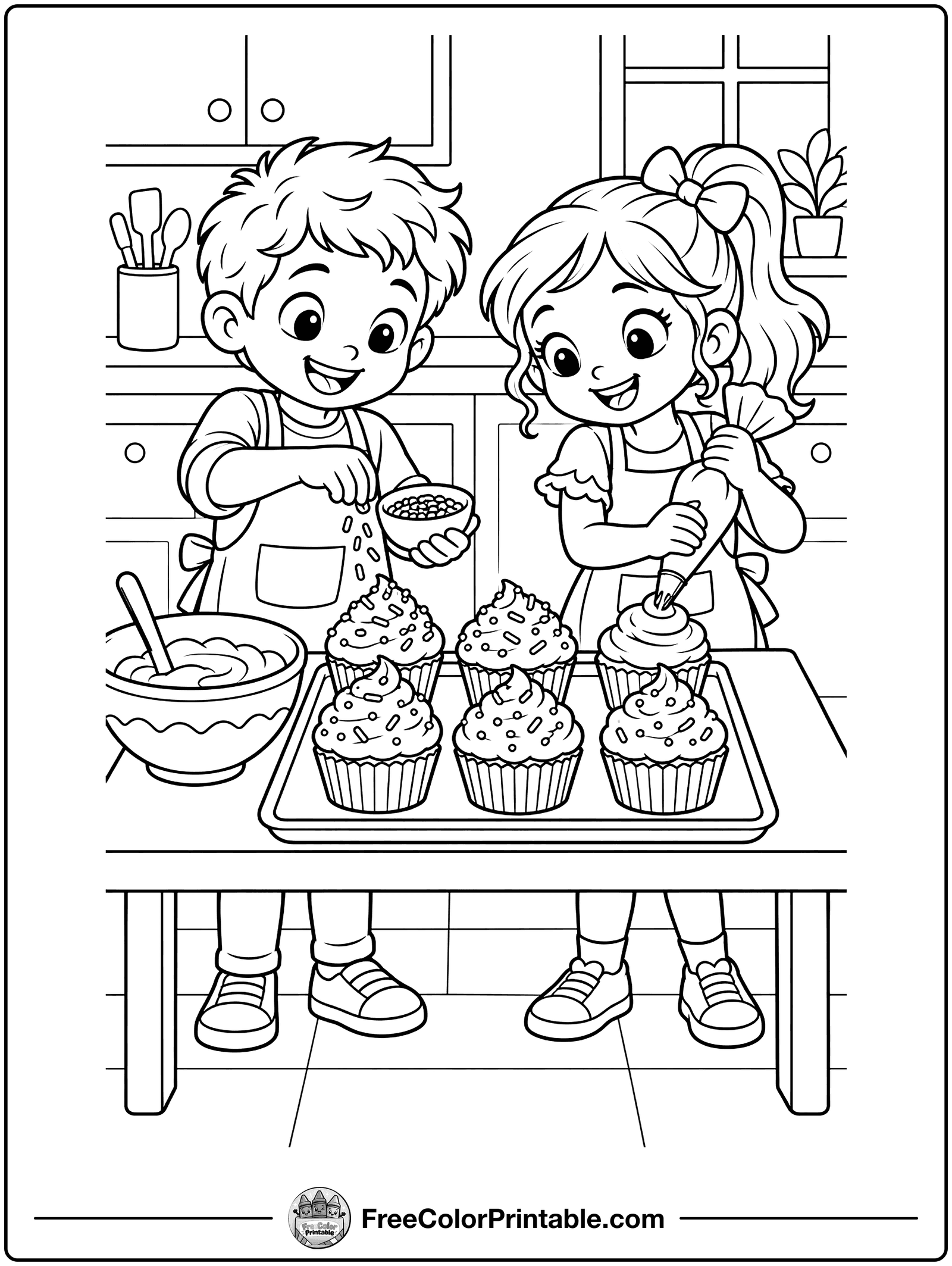 Kids Decorating Cupcakes Coloring Page — free color printable
