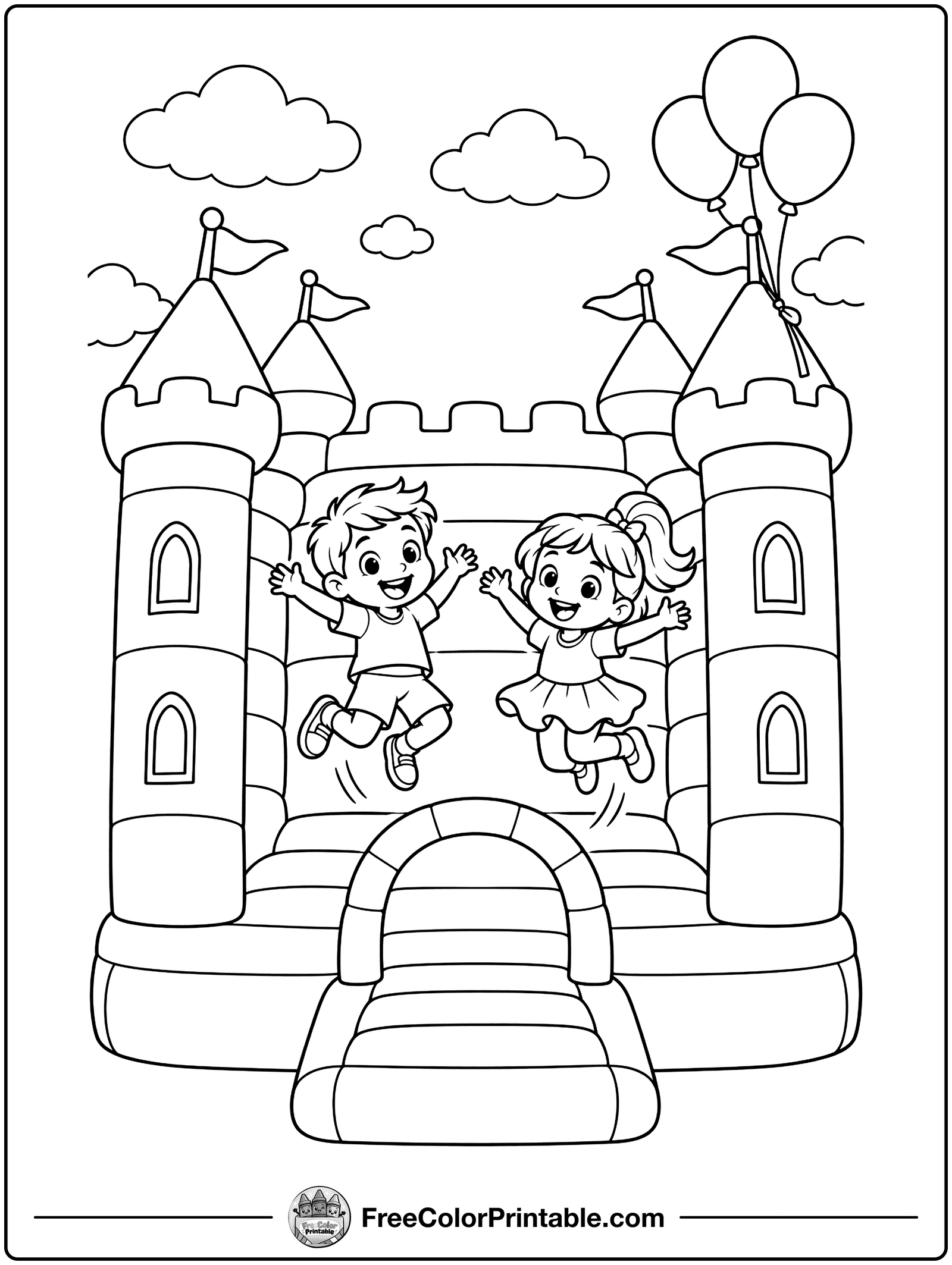Kids in a Bounce House Coloring Page — free color printable