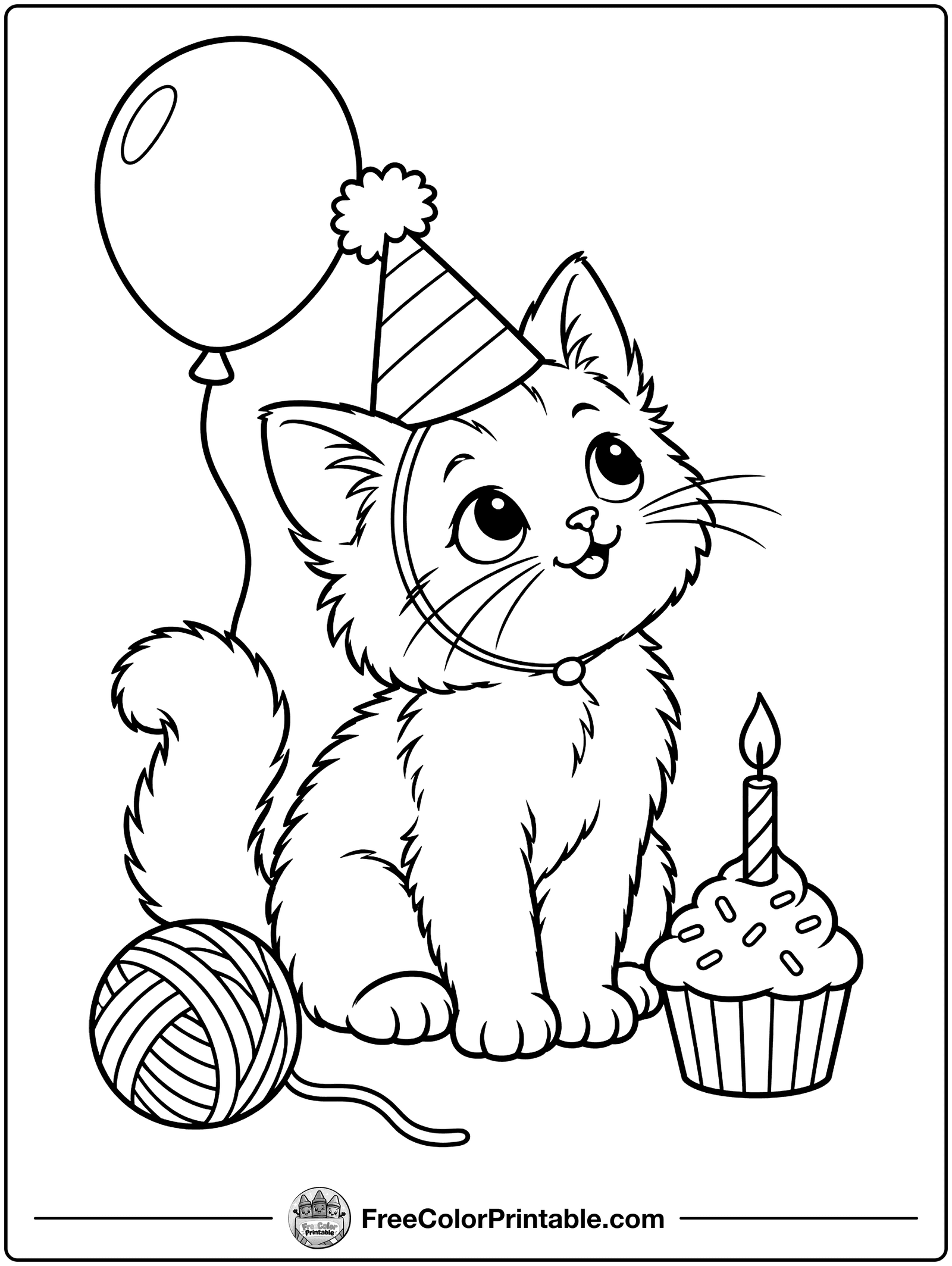 Kitten with a Birthday Hat Coloring Page — free color printable