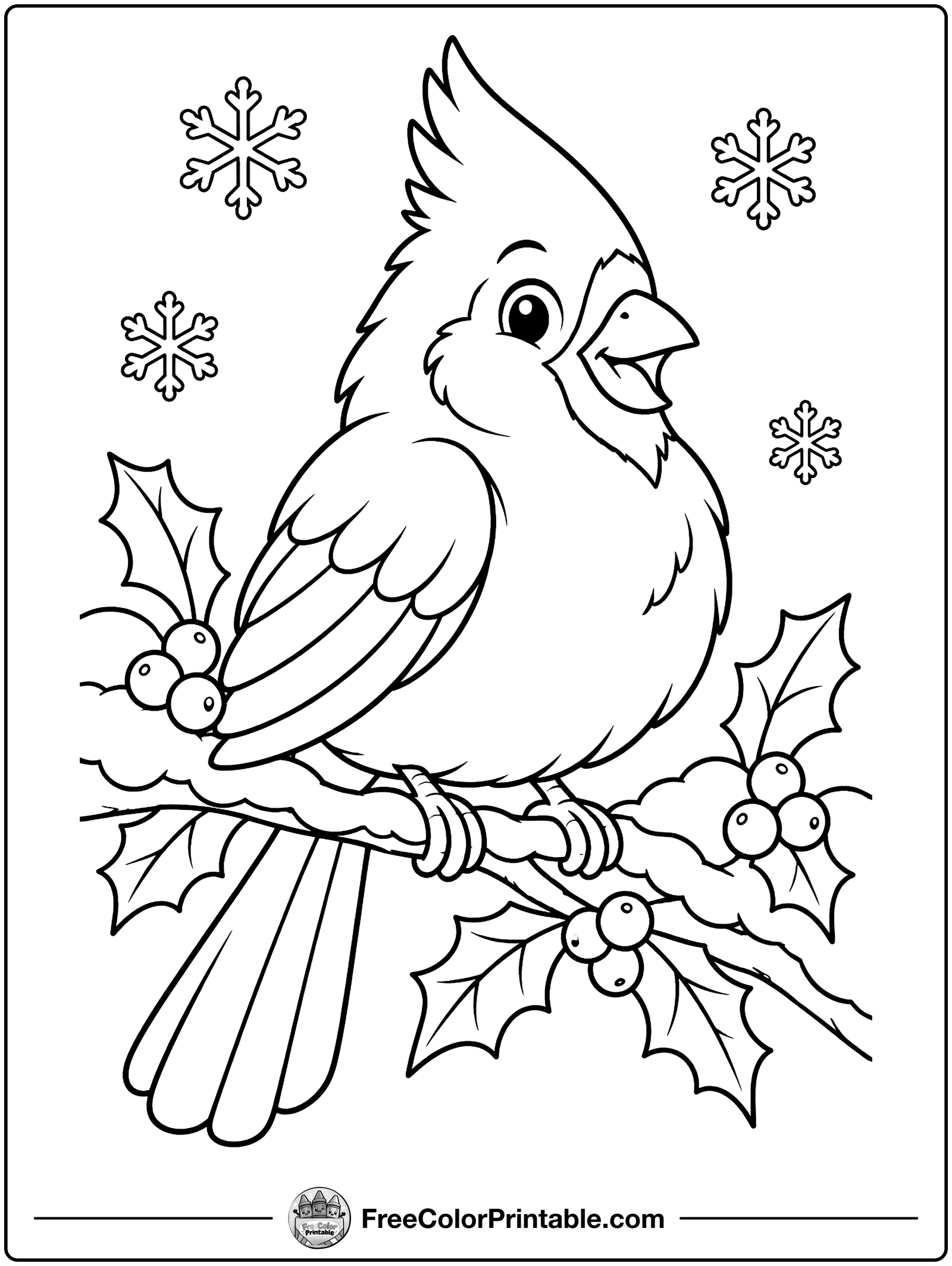 Cardinal on a Holly Branch Coloring Page — free color printable