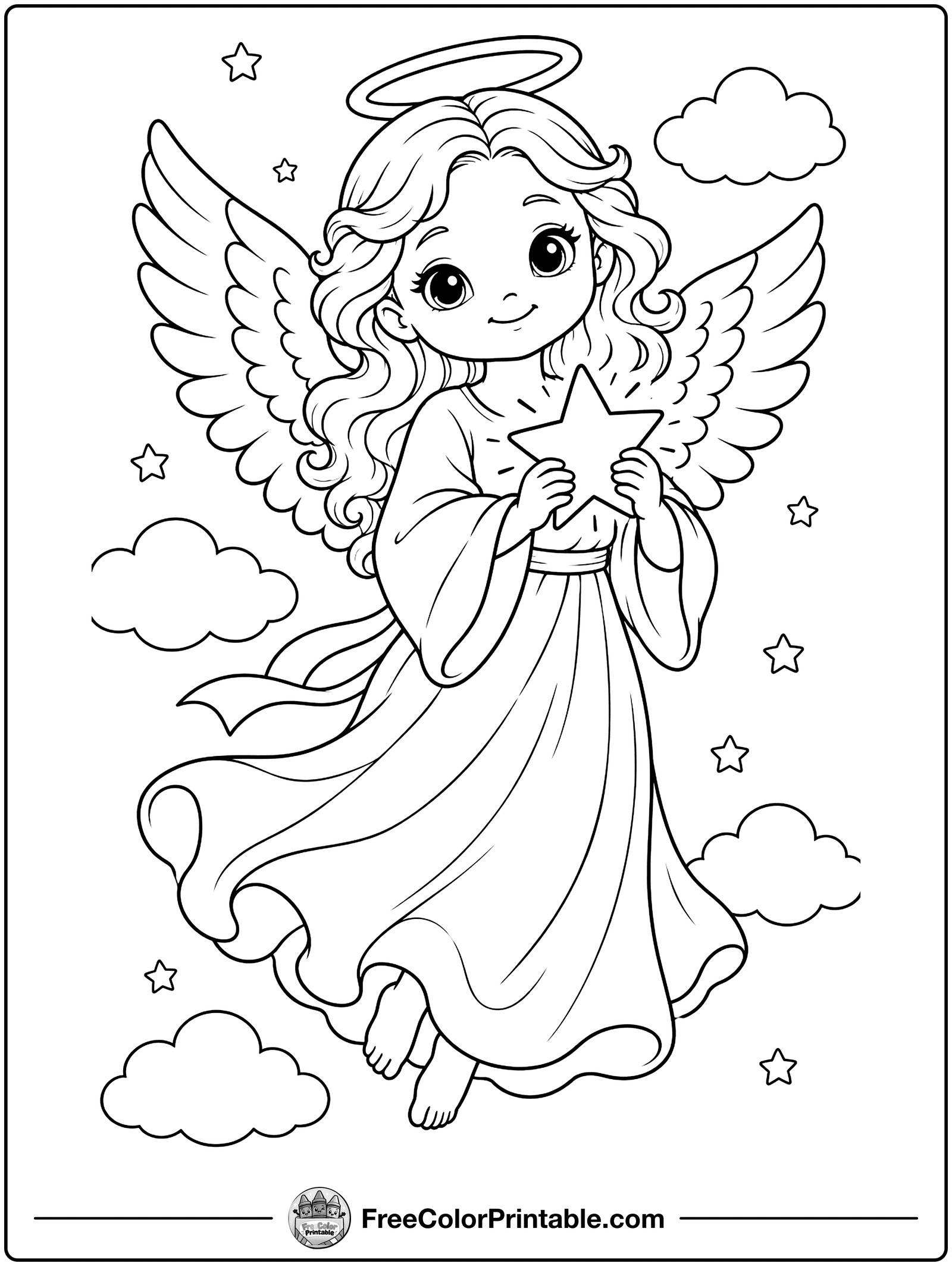 Gentle Christmas Angel Coloring Page — free color printable