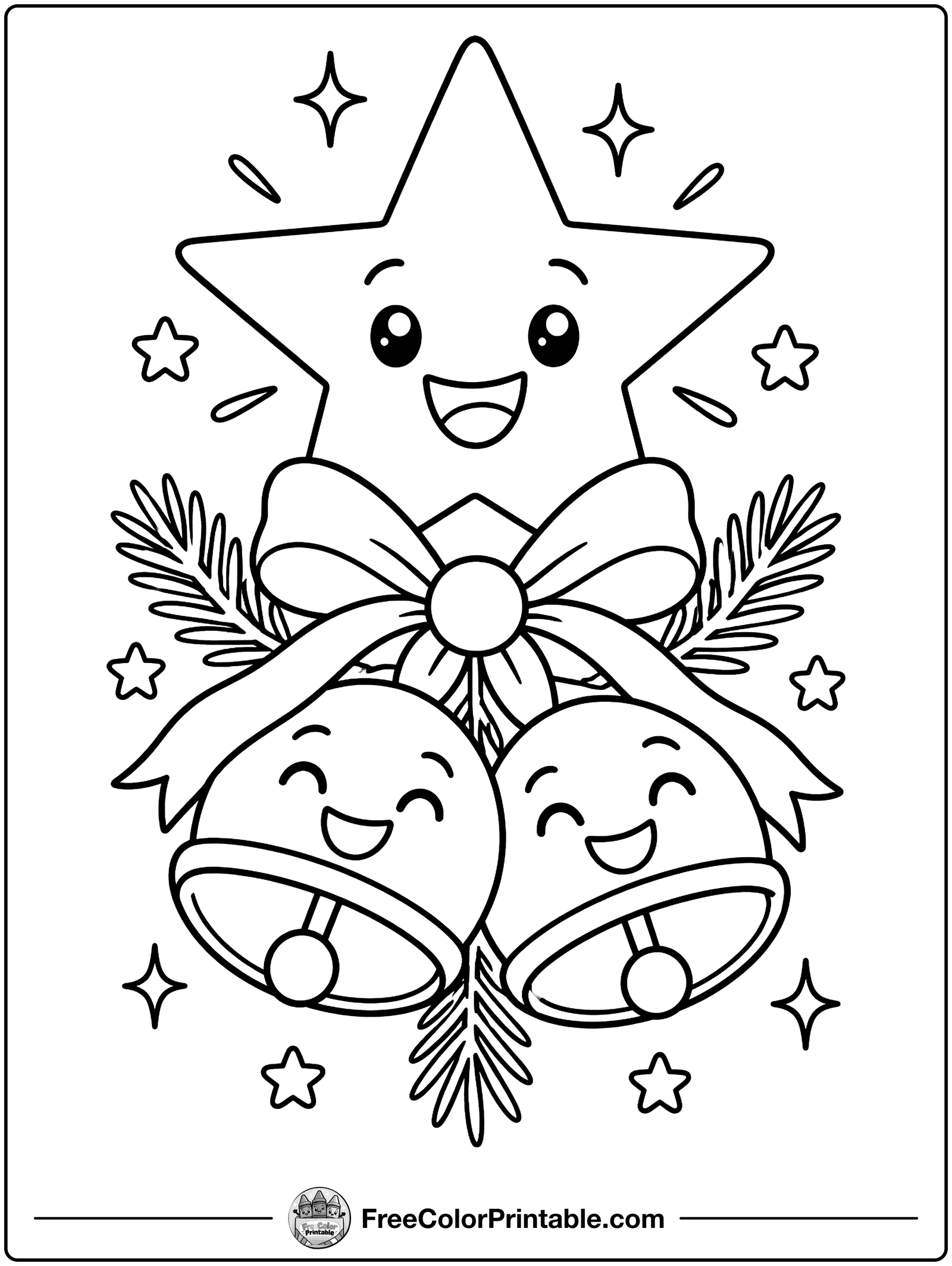Christmas Star and Bells Coloring Page — free color printable