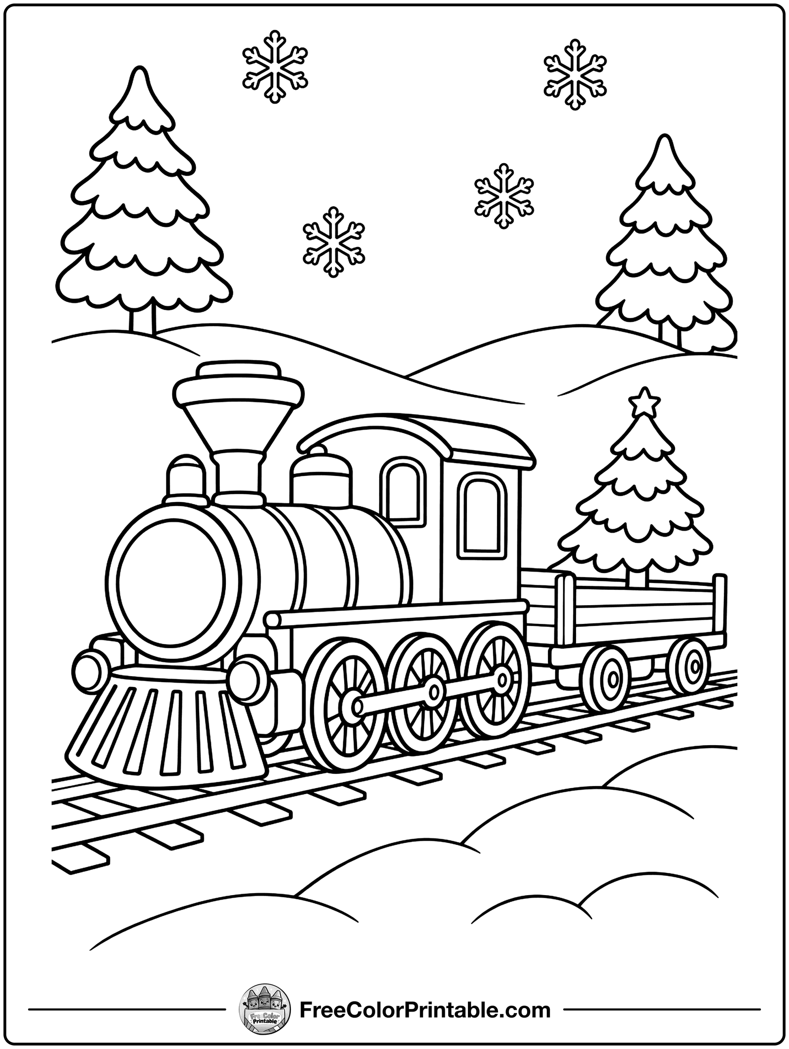 Christmas Train in the Snow Coloring Page — free color printable