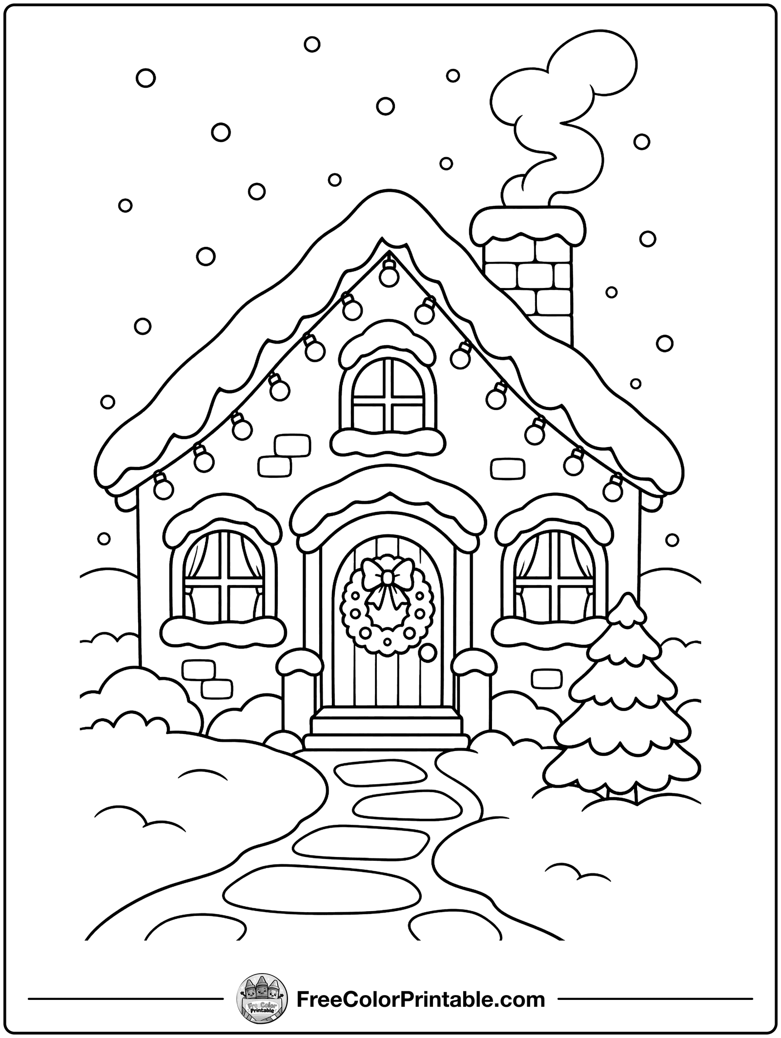 Cozy Christmas House Coloring Page — free color printable