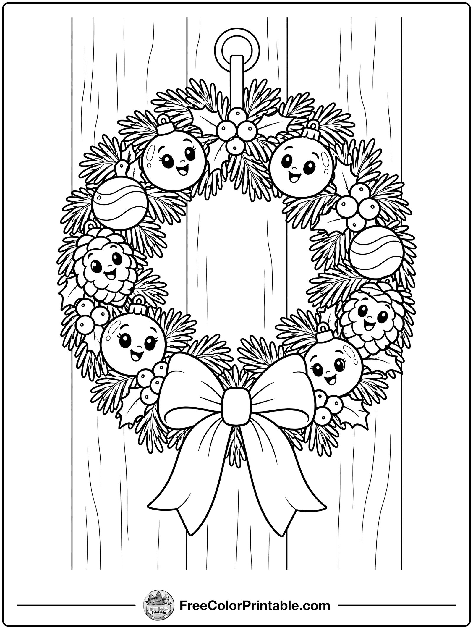 Christmas Wreath with a Bow Coloring Page — free color printable
