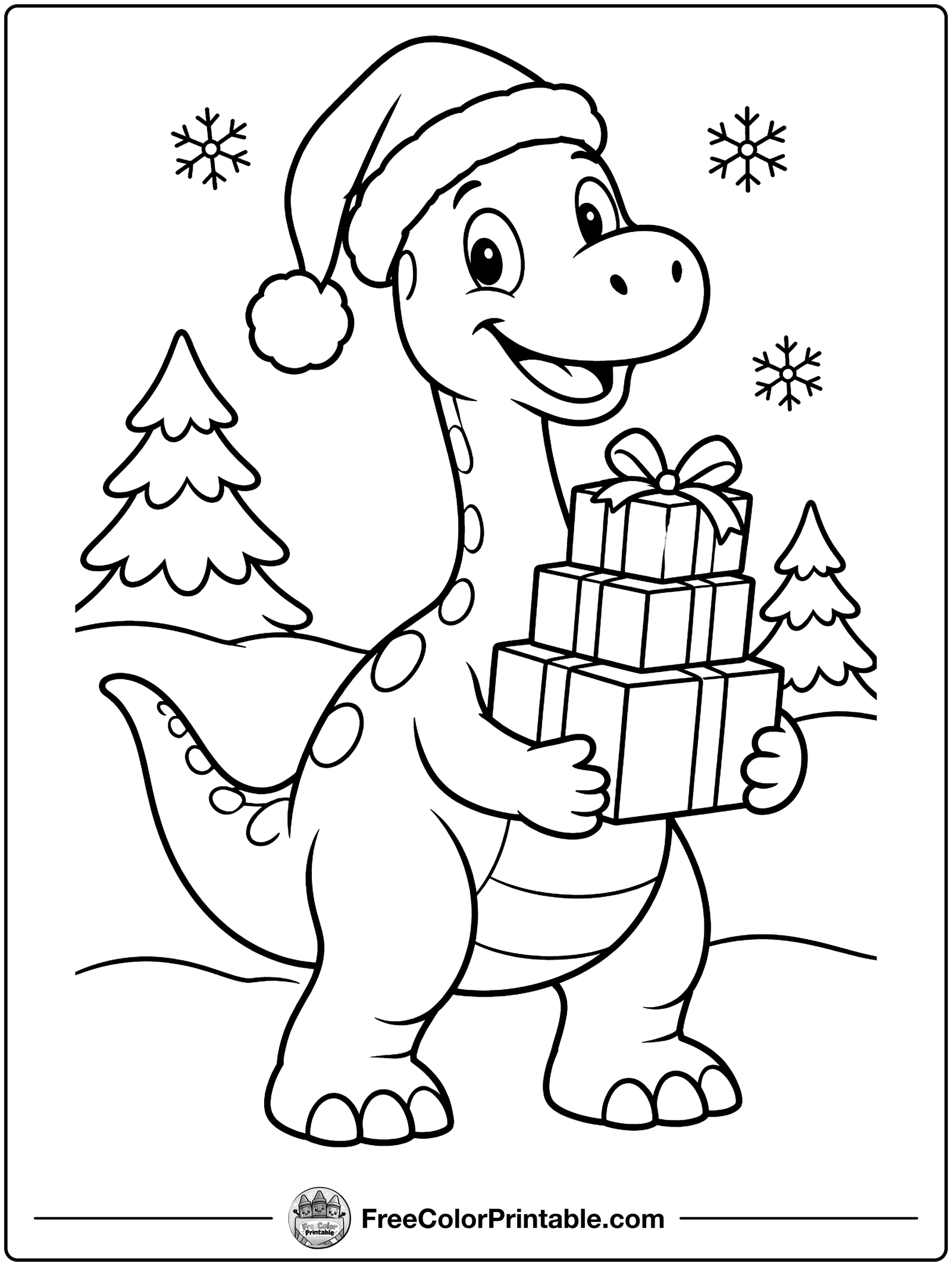 Dinosaur in a Santa Hat Coloring Page — free color printable