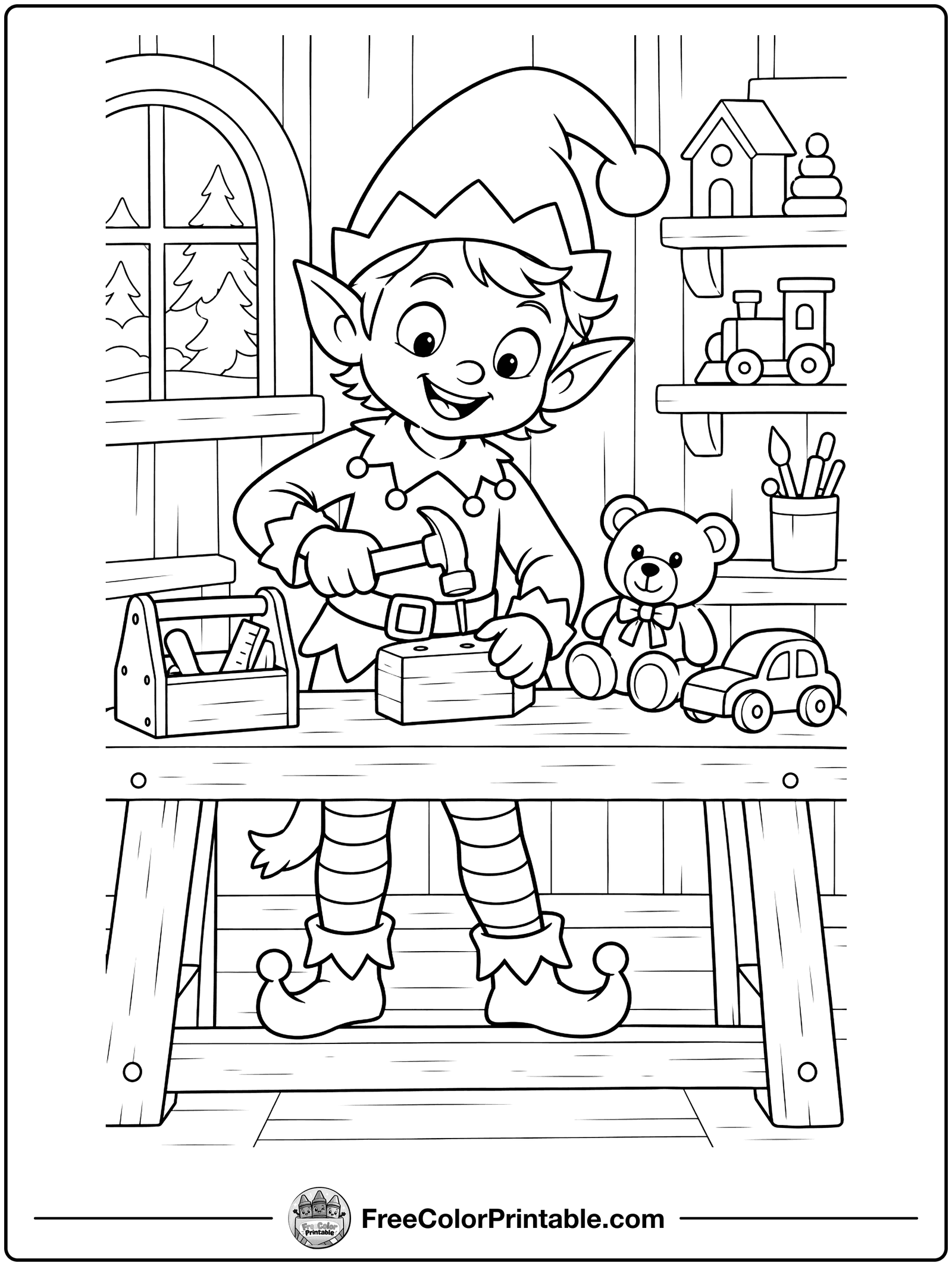 Elf Making Toys Coloring Page — free color printable