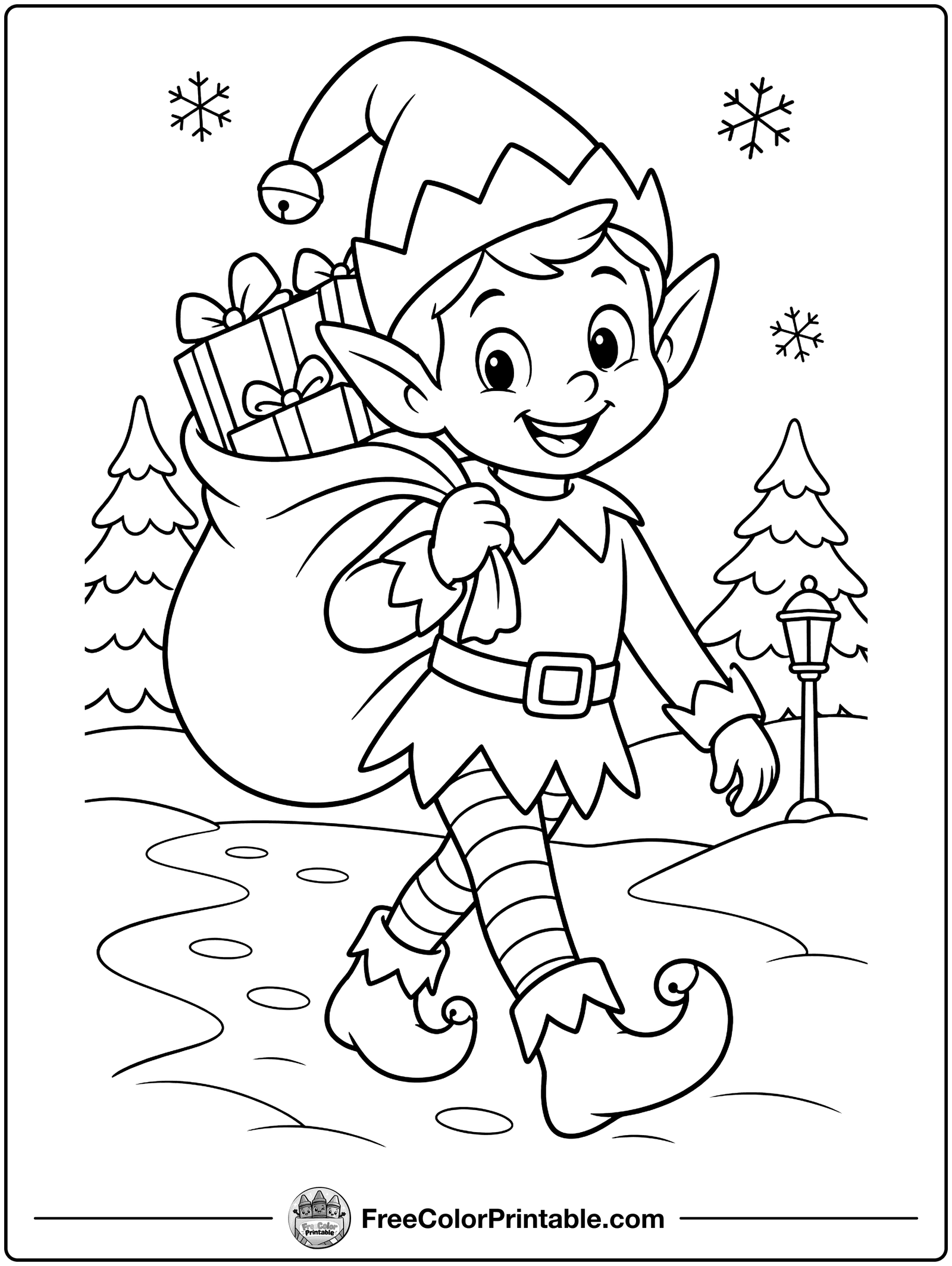 Elf with a Gift Sack Coloring Page — free color printable