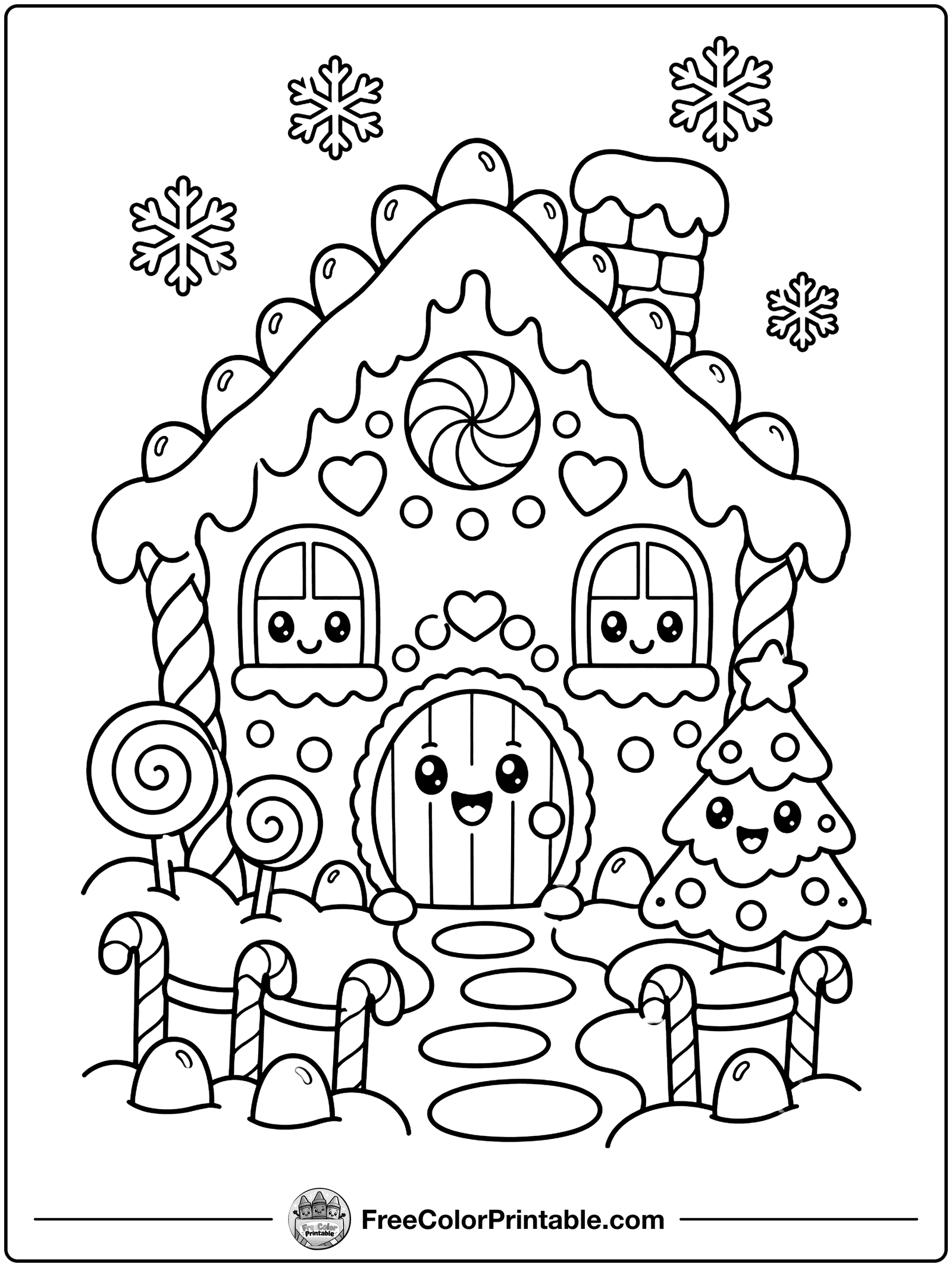 Gingerbread House Coloring Page — free color printable from FreeColorPrintable