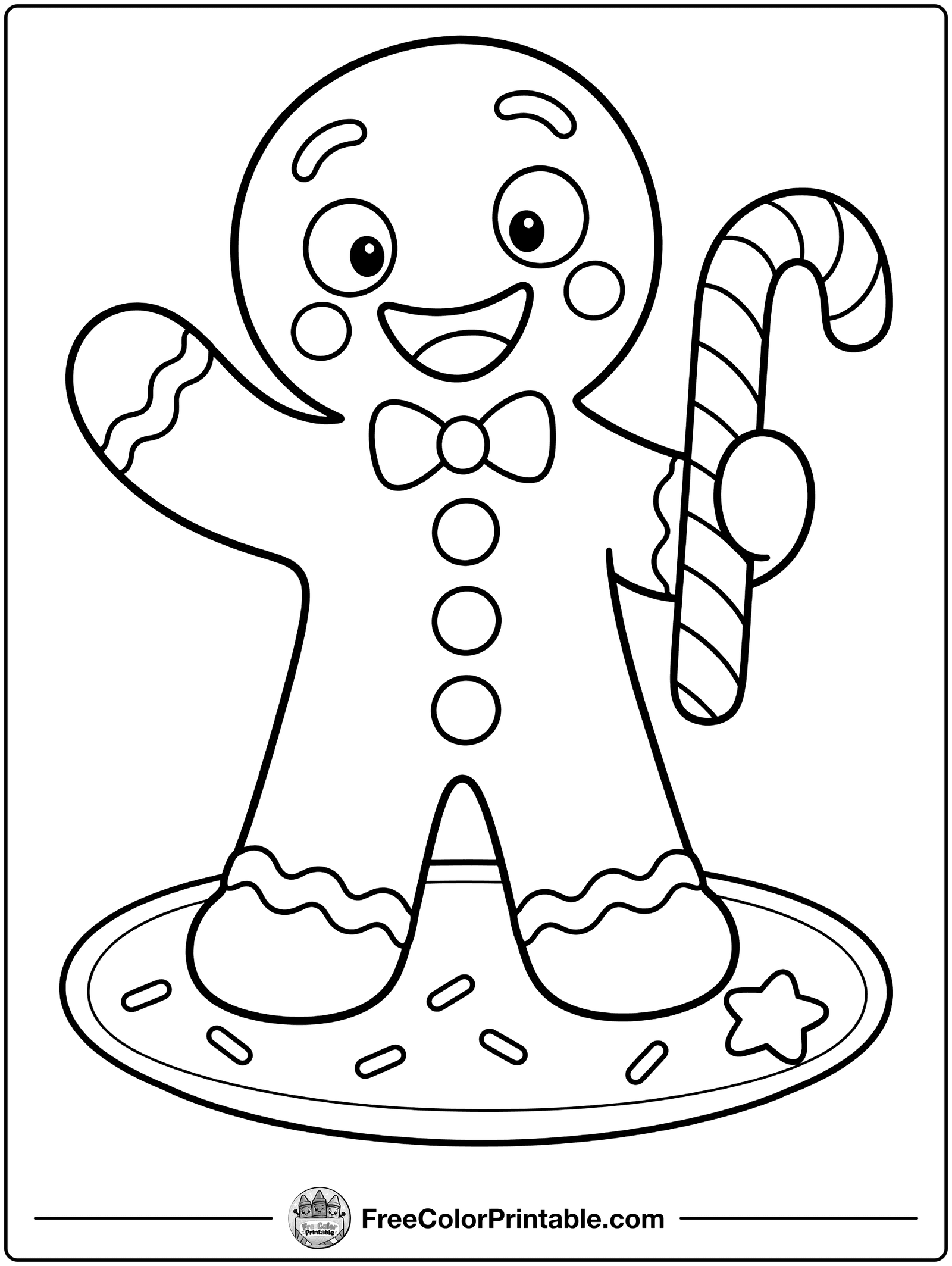 Happy Gingerbread Man Coloring Page — free color printable from FreeColorPrintable