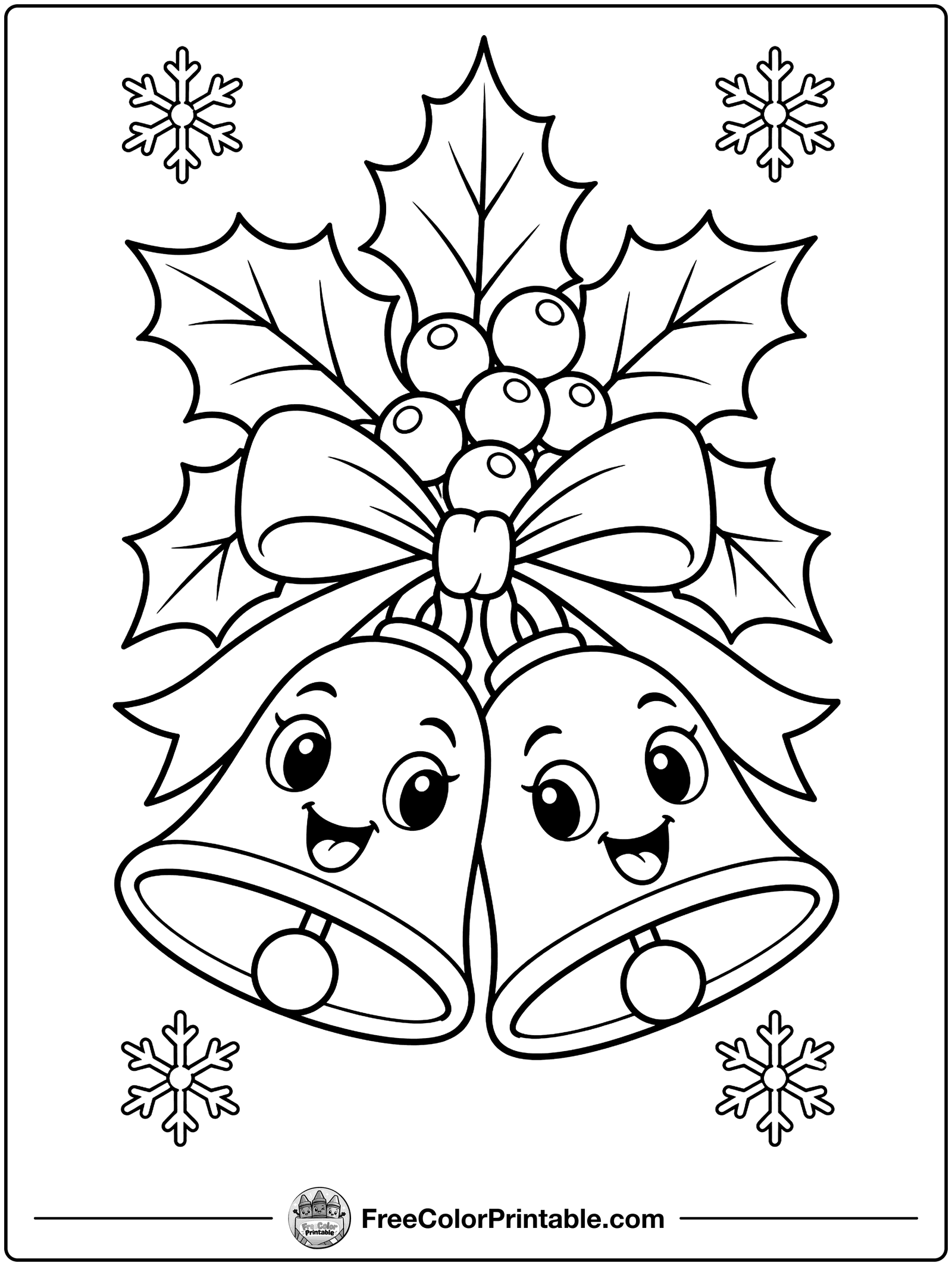 Holly and Golden Bells Coloring Page — free color printable