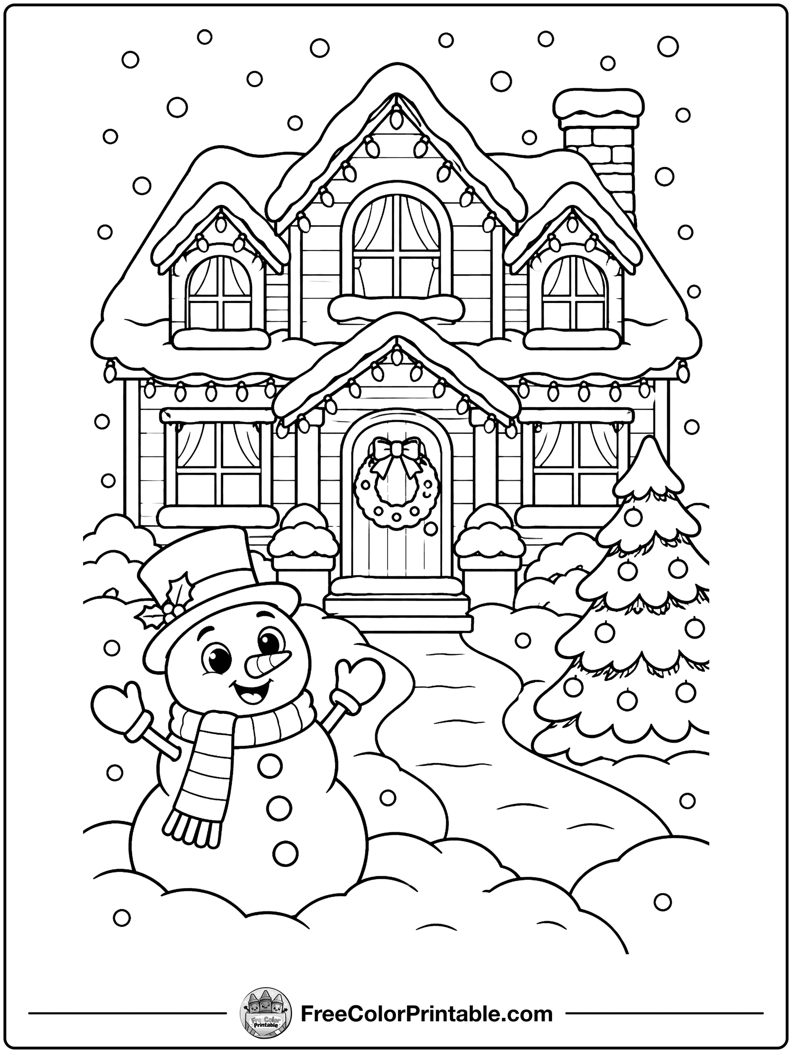 House with Christmas Lights Coloring Page — free color printable