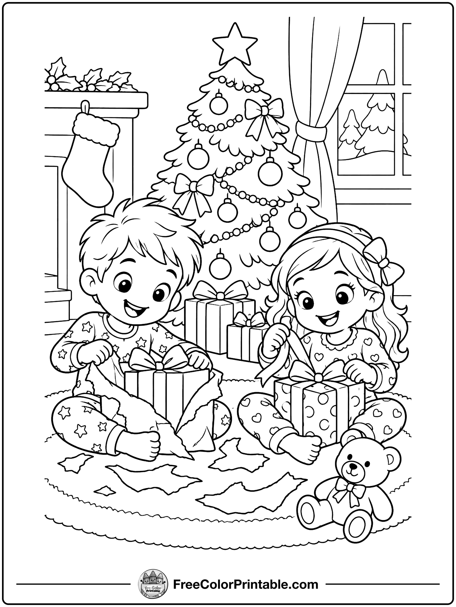 Kids Opening Presents Coloring Page — free color printable