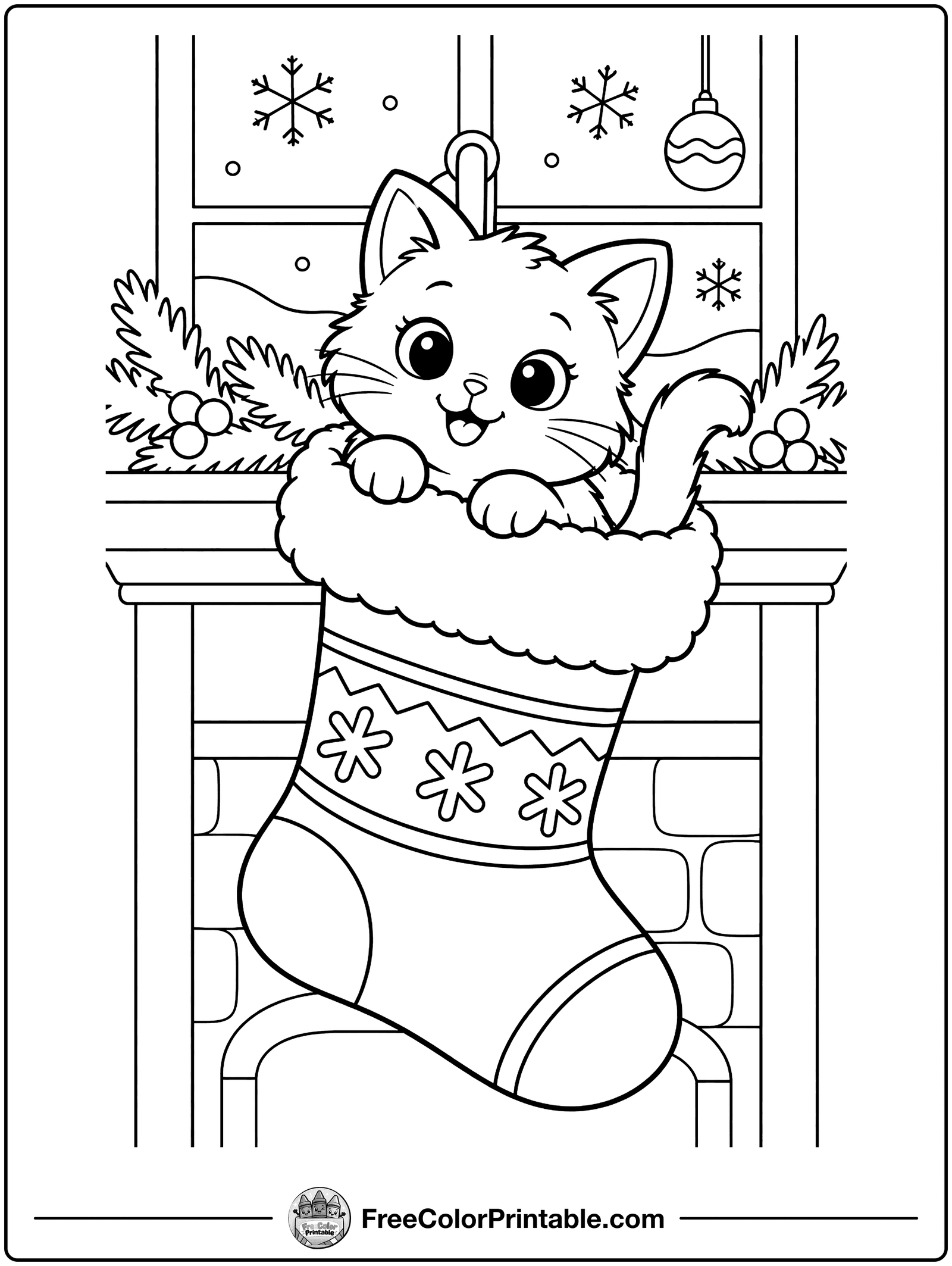 Kitten in a Stocking Coloring Page — free color printable