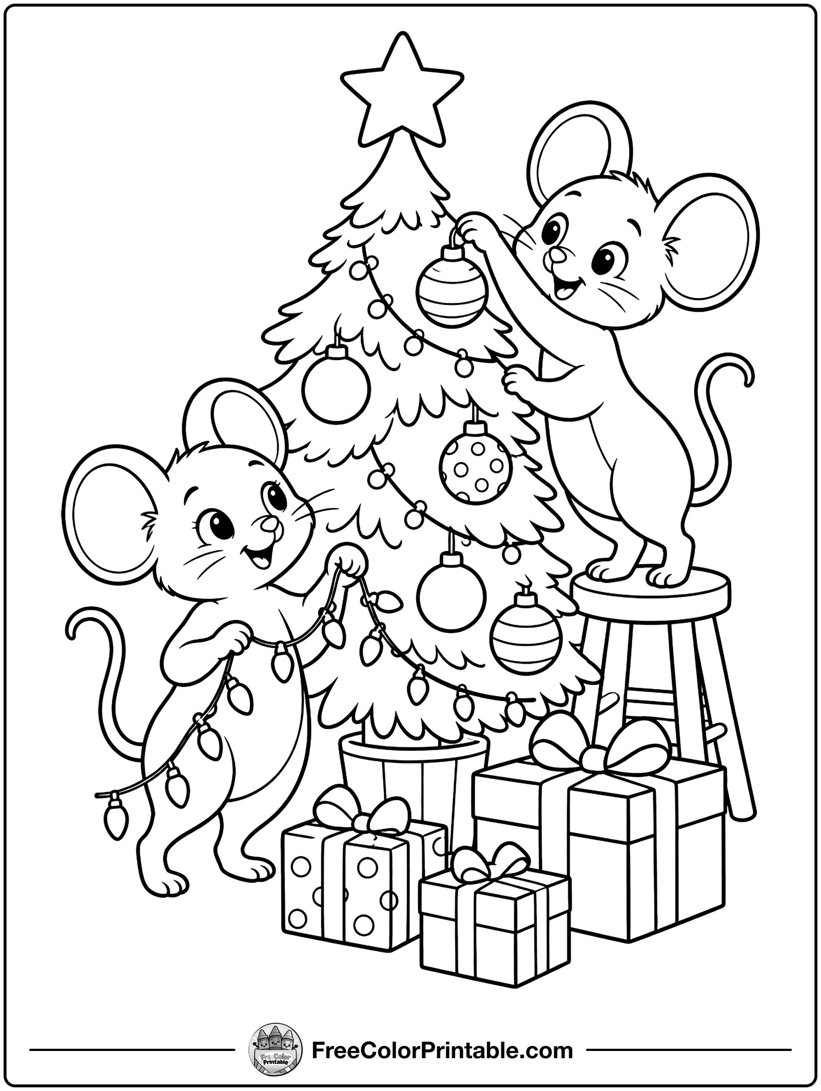 Mice Decorating a Tiny Tree Coloring Page — free color printable