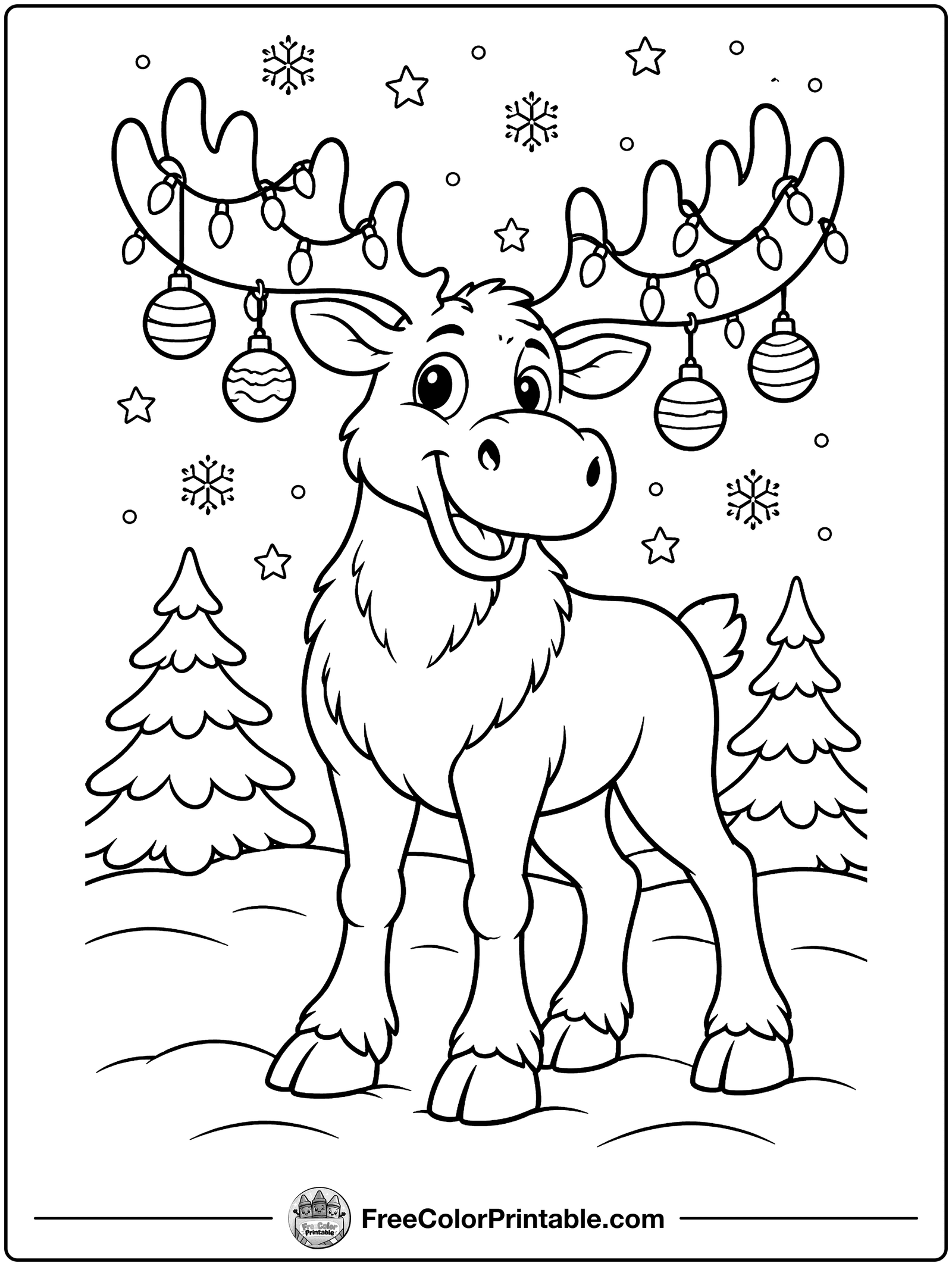 Moose with Christmas Lights Coloring Page — free color printable