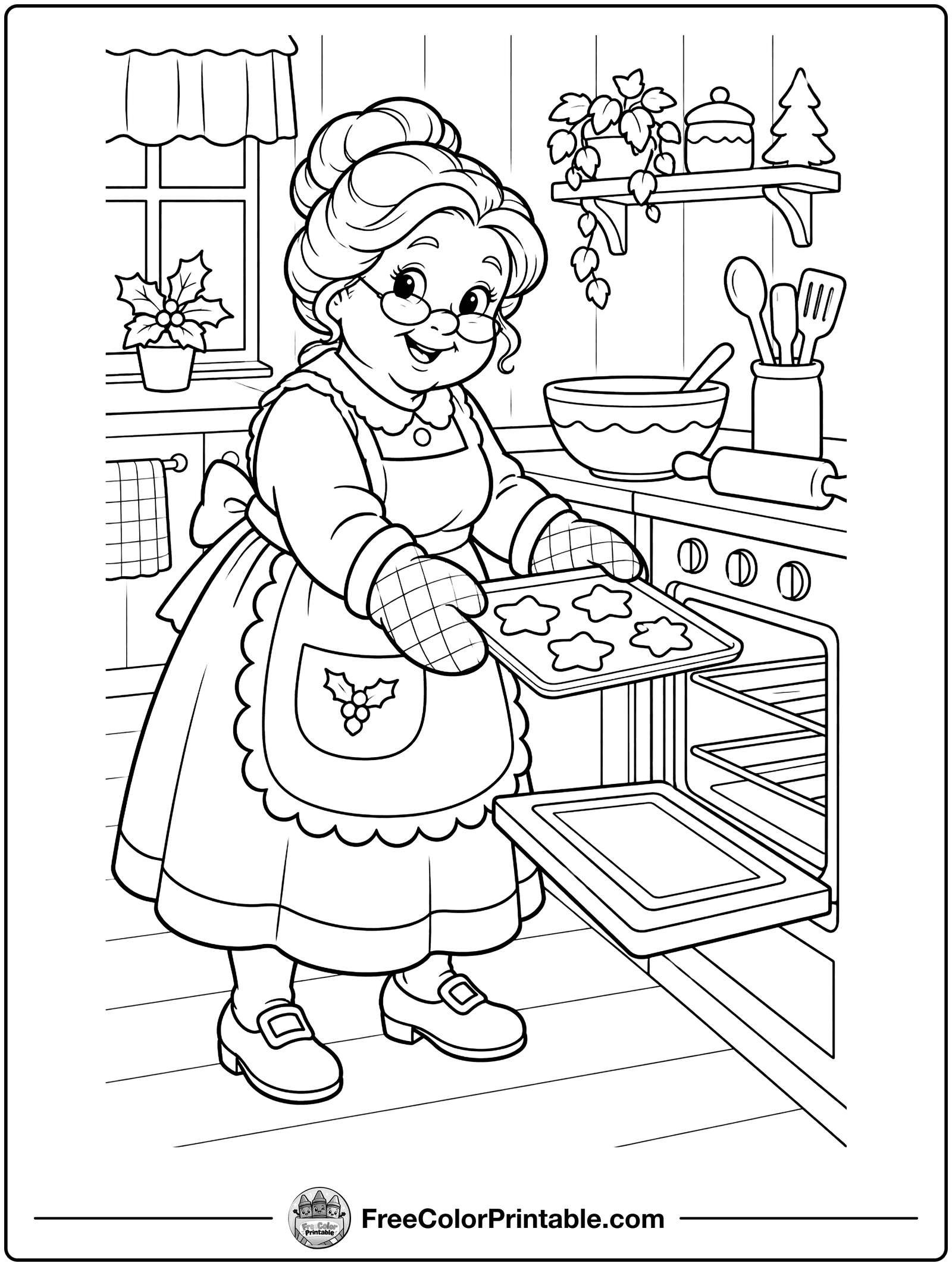 Mrs. Claus Baking Cookies Coloring Page — free color printable