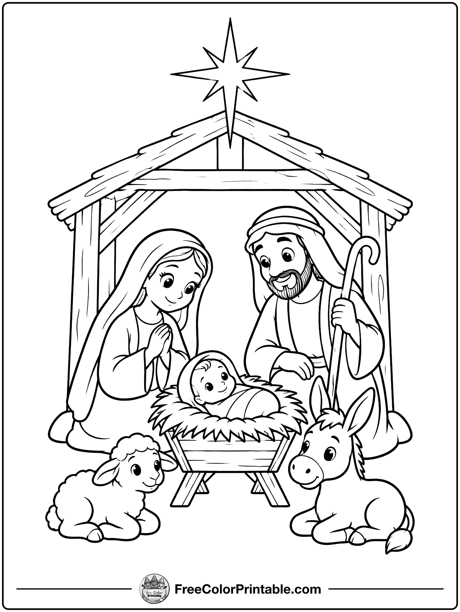 Nativity Scene in the Stable Coloring Page — free color printable