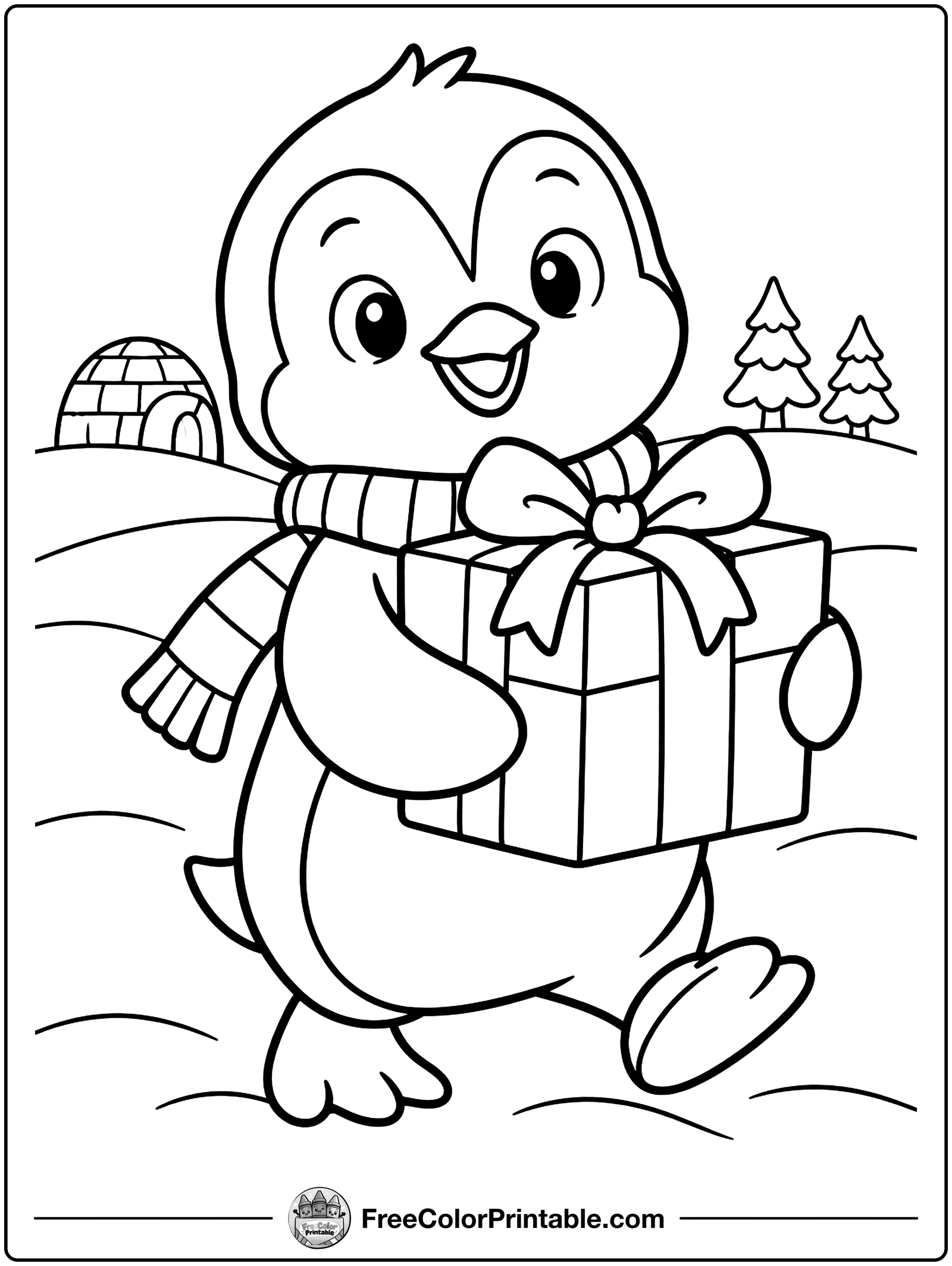 Penguin with a Present Coloring Page — free color printable