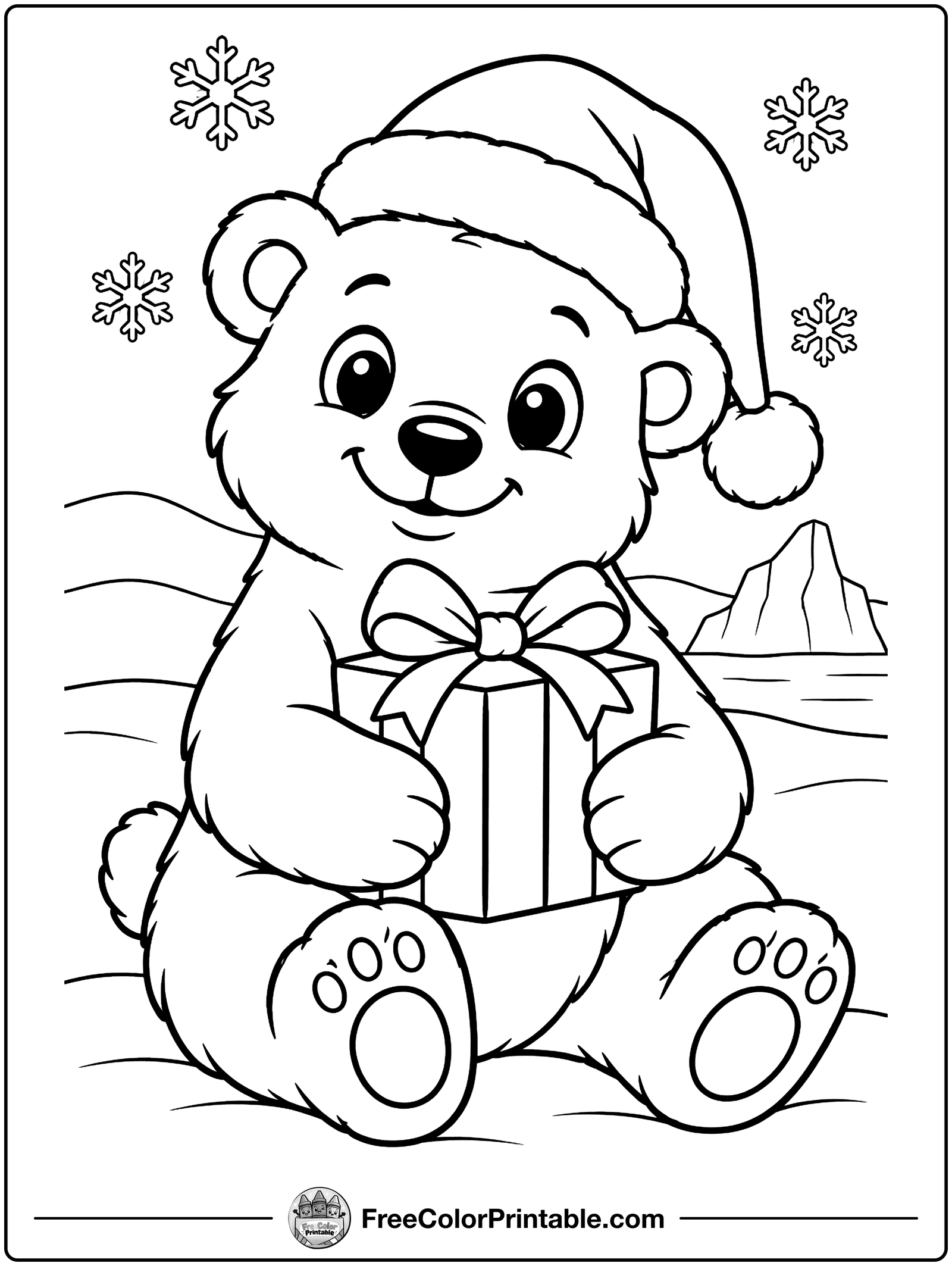 Polar Bear in a Santa Hat Coloring Page — free color printable