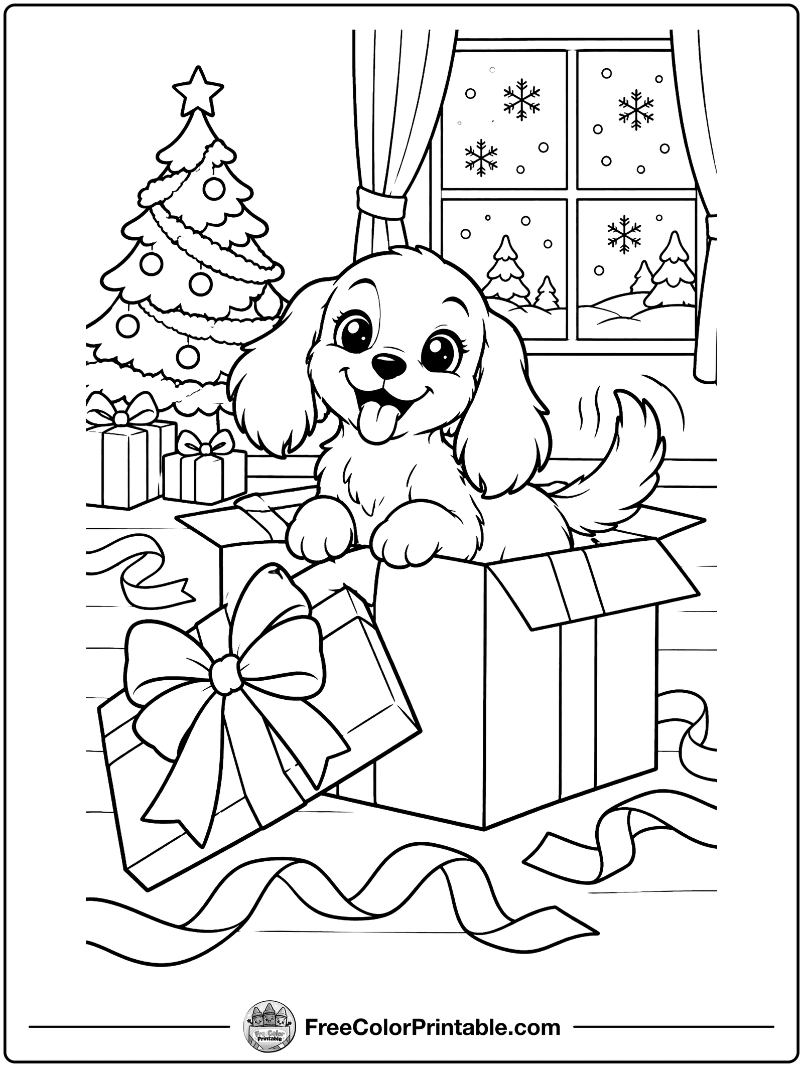 Puppy in a Gift Box Coloring Page — free color printable