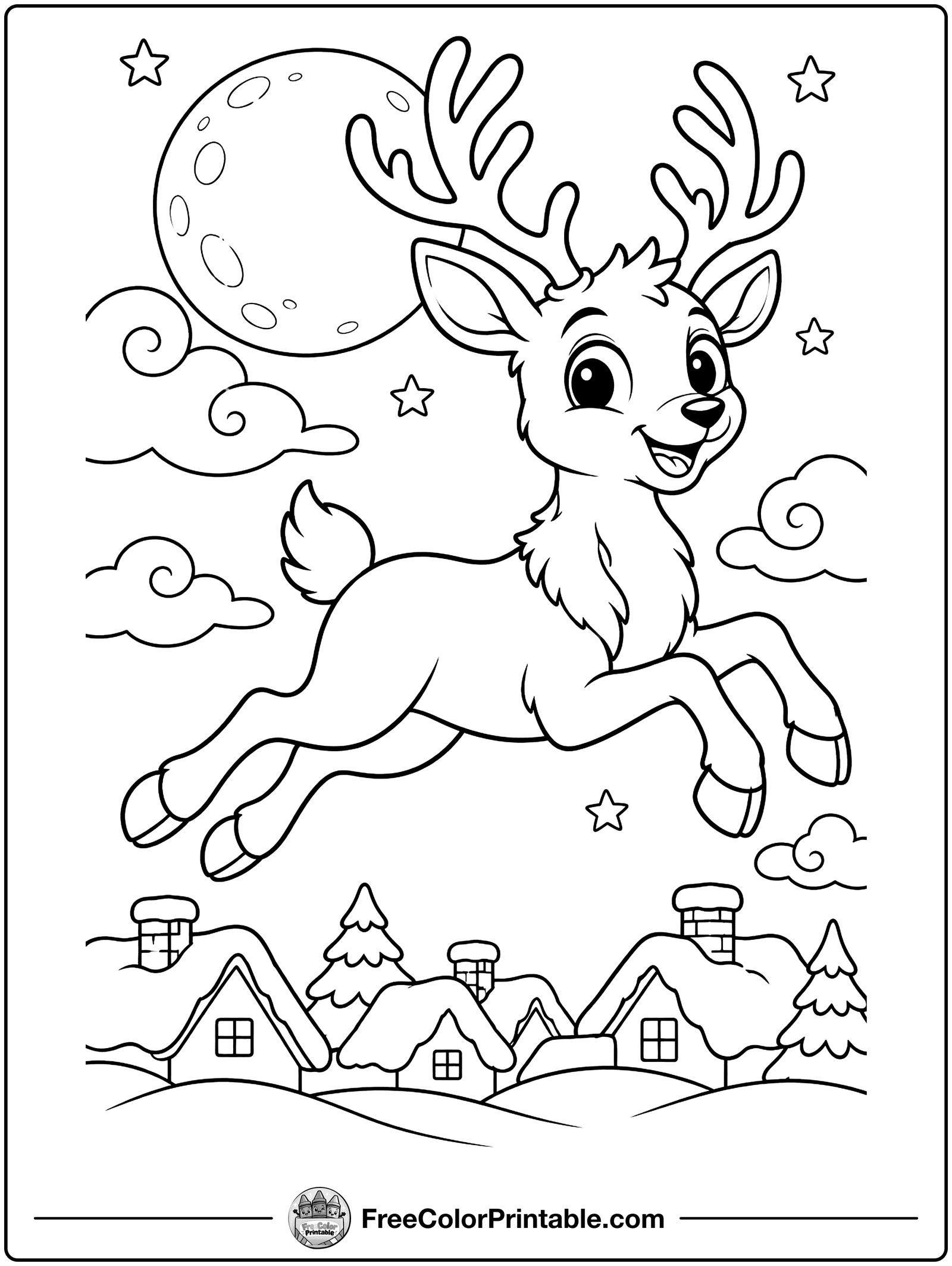 Reindeer over the Rooftops Coloring Page — free color printable