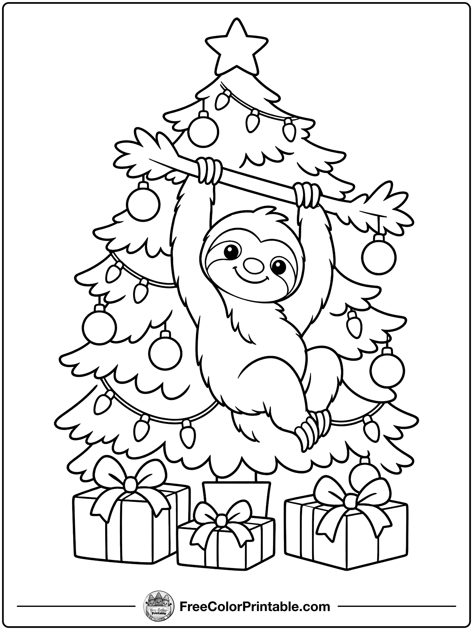 Sloth in a Christmas Tree Coloring Page — free color printable