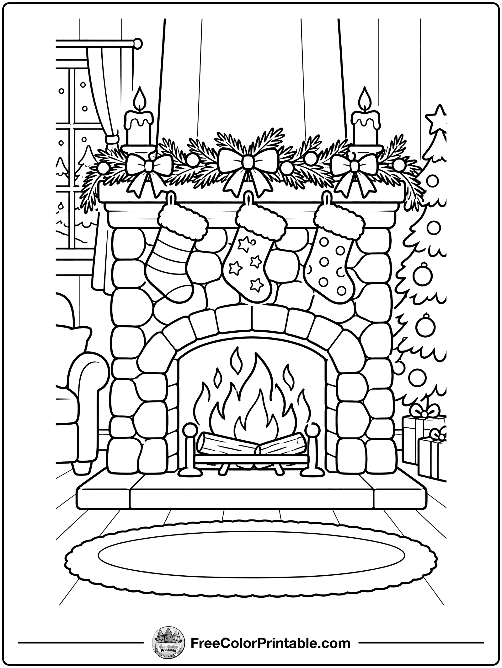 Stockings by the Fireplace Coloring Page — free color printable