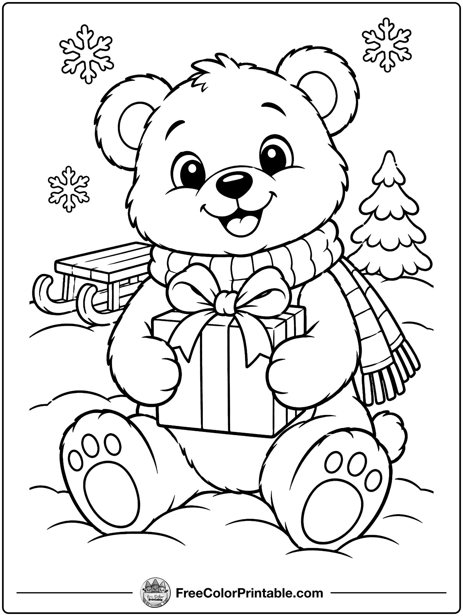 Teddy Bear with a Gift Coloring Page — free color printable