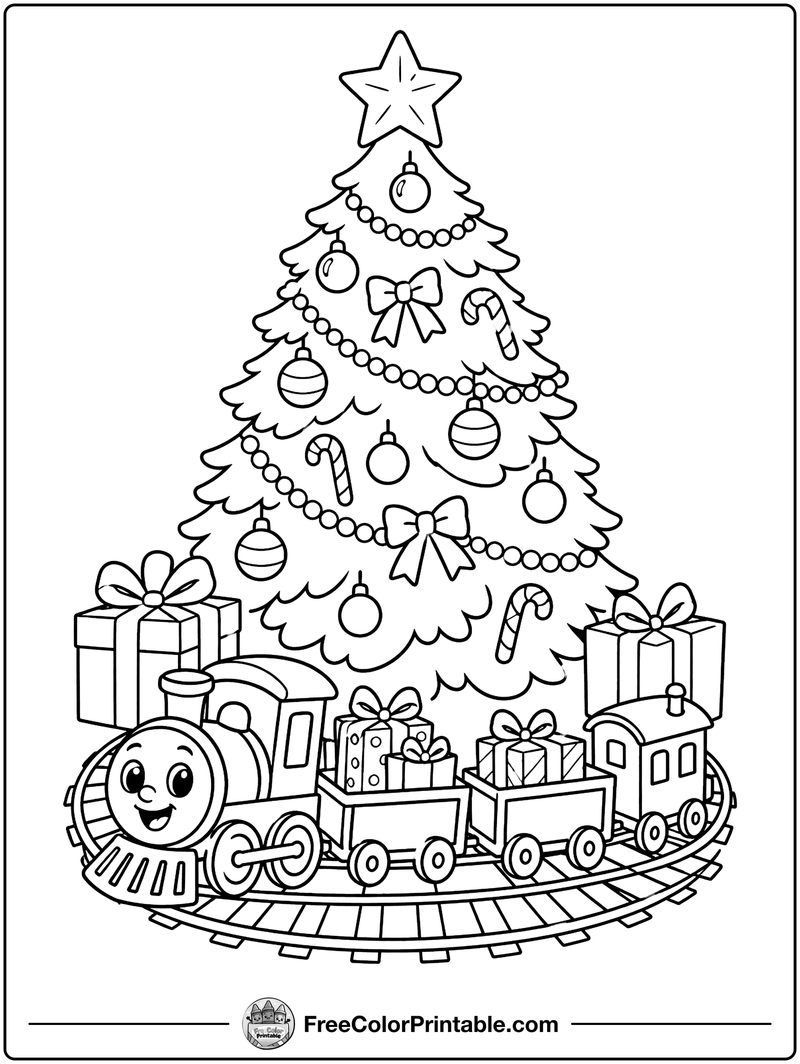 Toy Train Under the Tree Coloring Page — free color printable