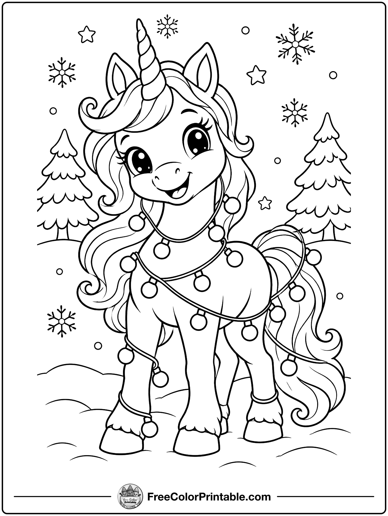 Unicorn with Christmas Lights Coloring Page — free color printable